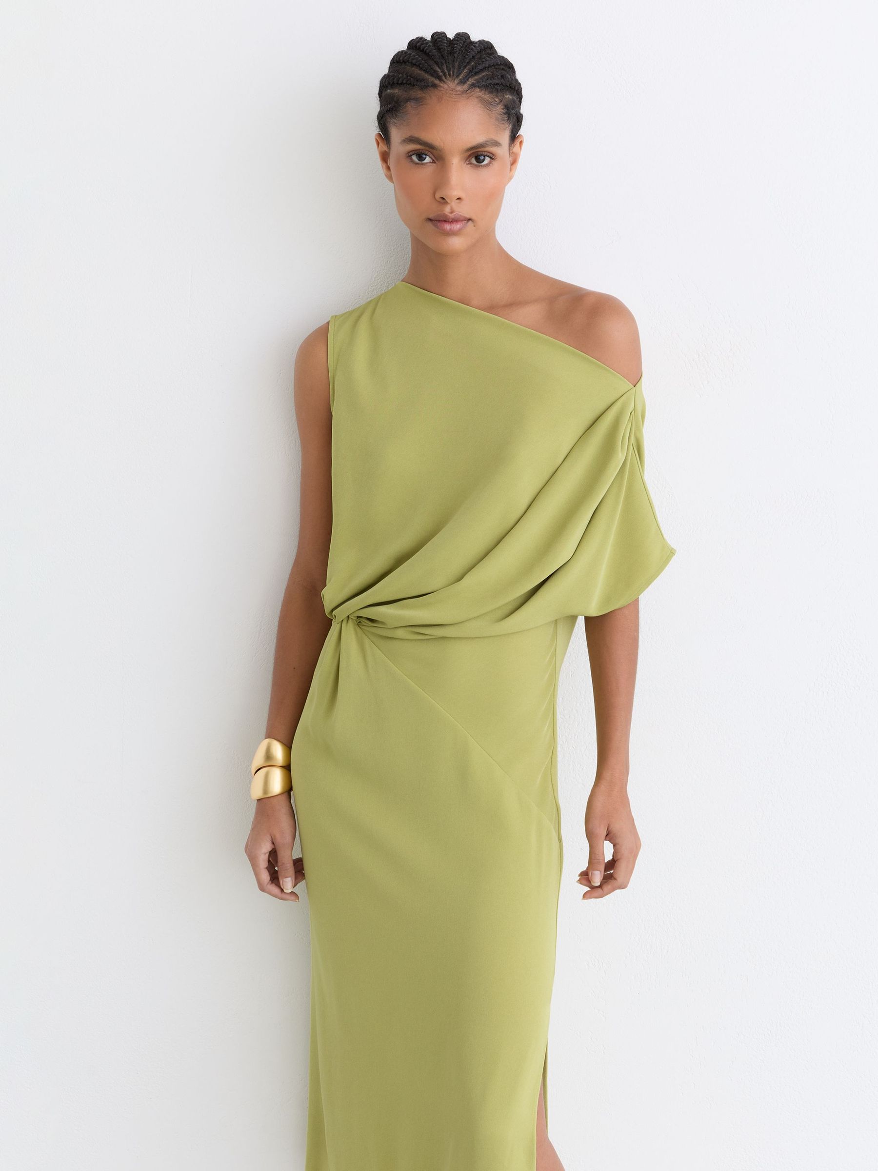 Off-Shoulder Tuck-Detail Midi Dress in Green - image 5