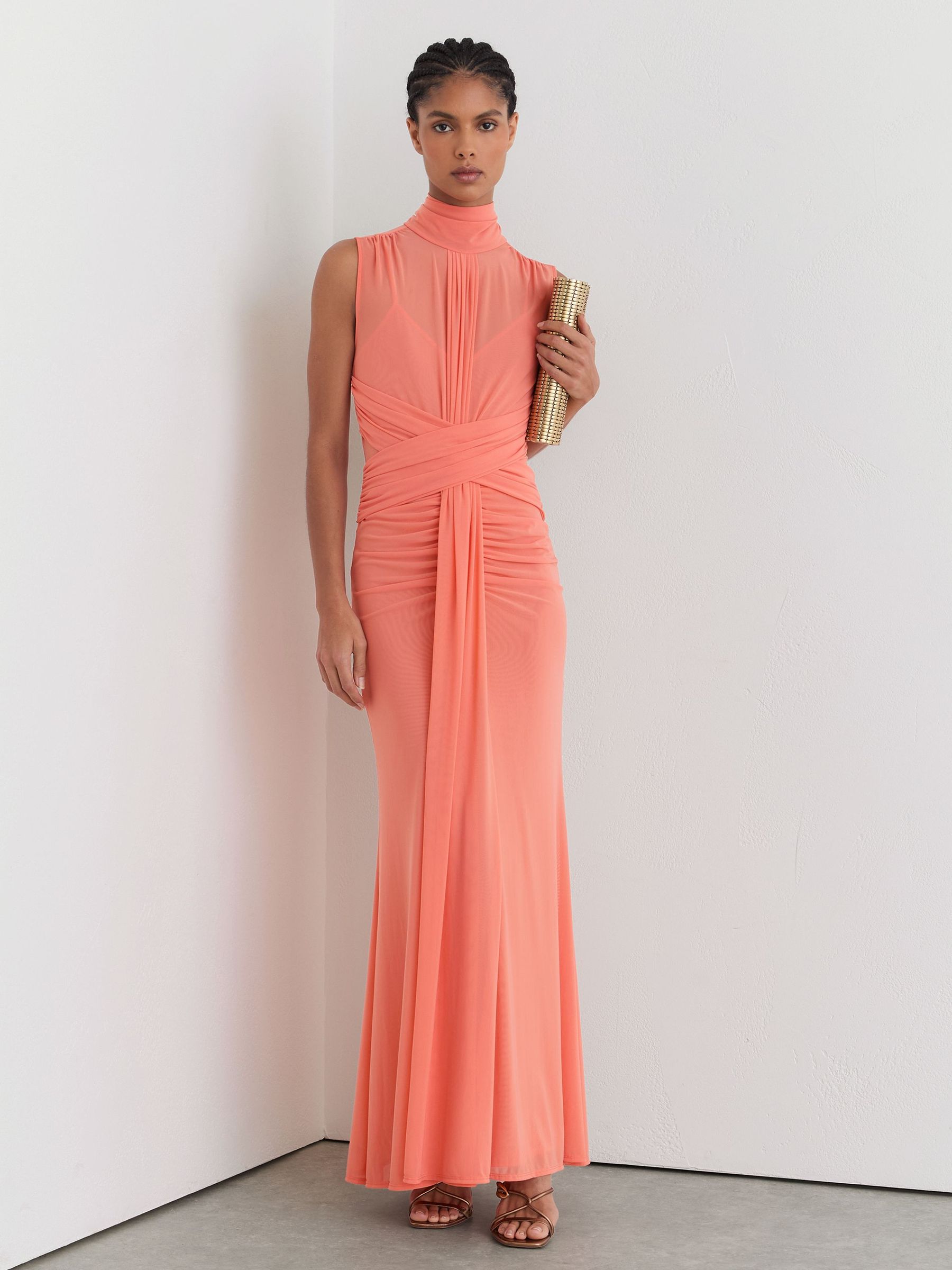 Sheer Ruched Sleeveless Maxi Dress in Coral Orange - Bild 1 av 8