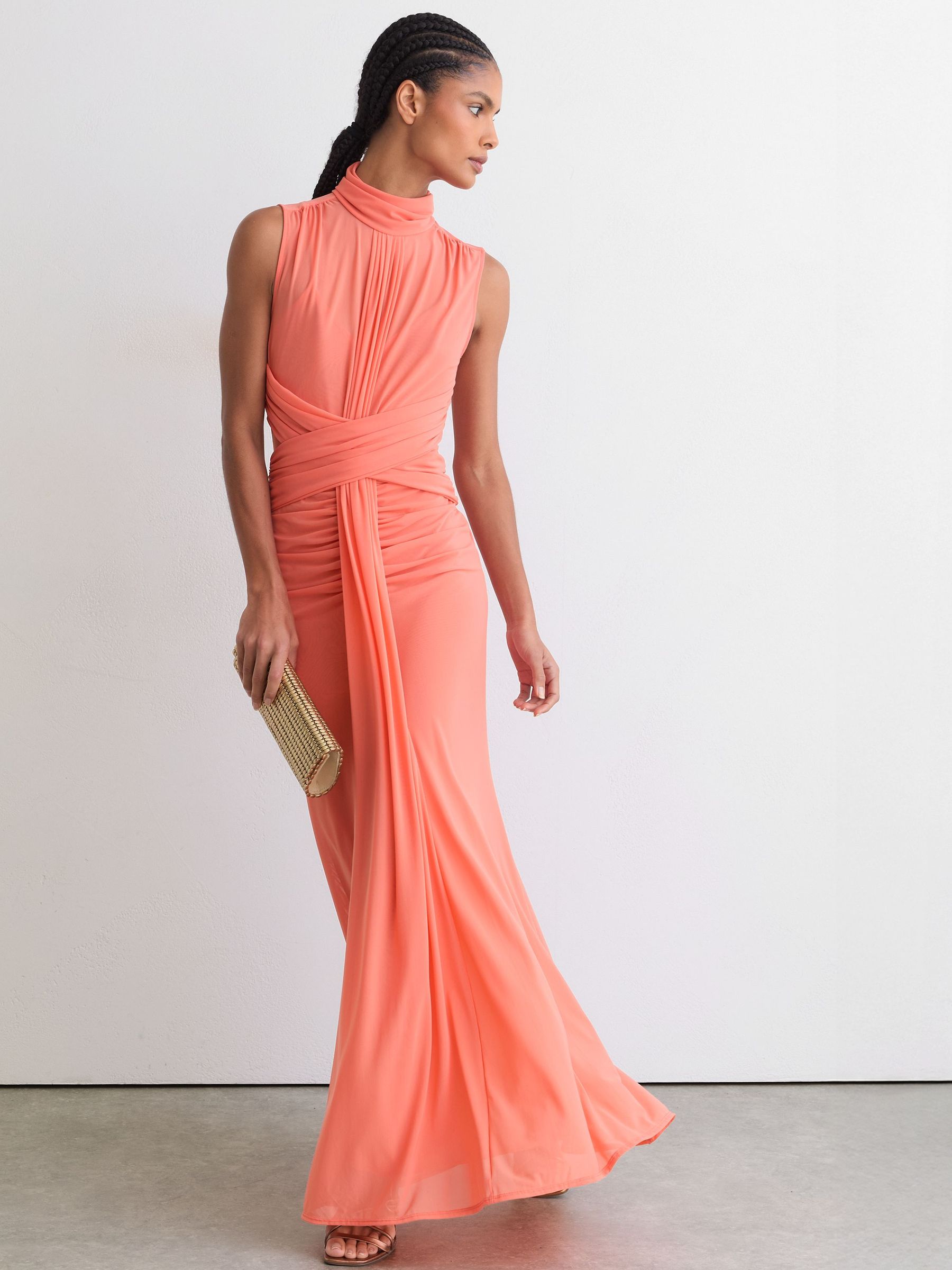Sheer Ruched Sleeveless Maxi Dress in Coral Orange - Bild 4 av 8