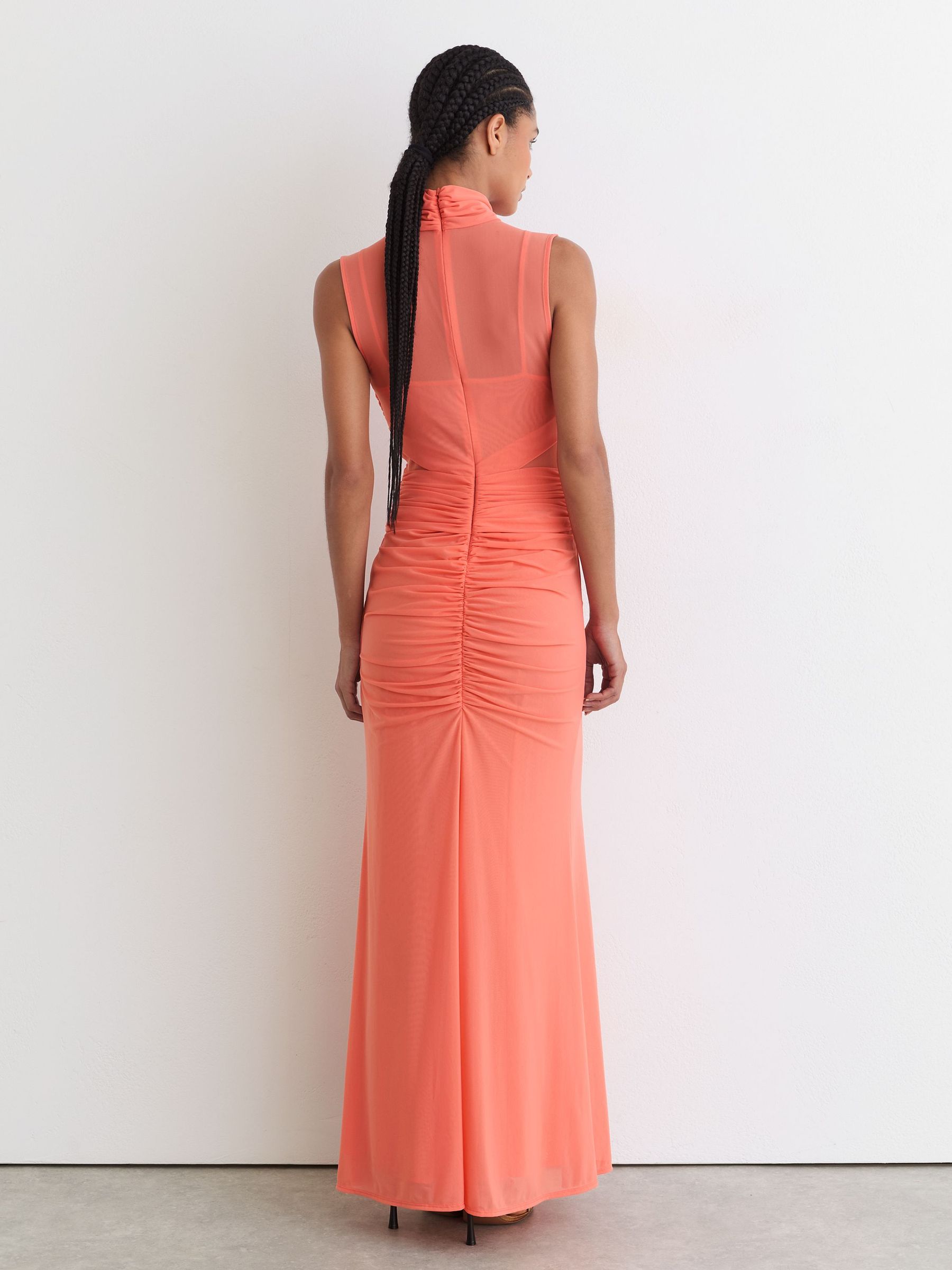 Sheer Ruched Sleeveless Maxi Dress in Coral Orange - Bild 6 av 8
