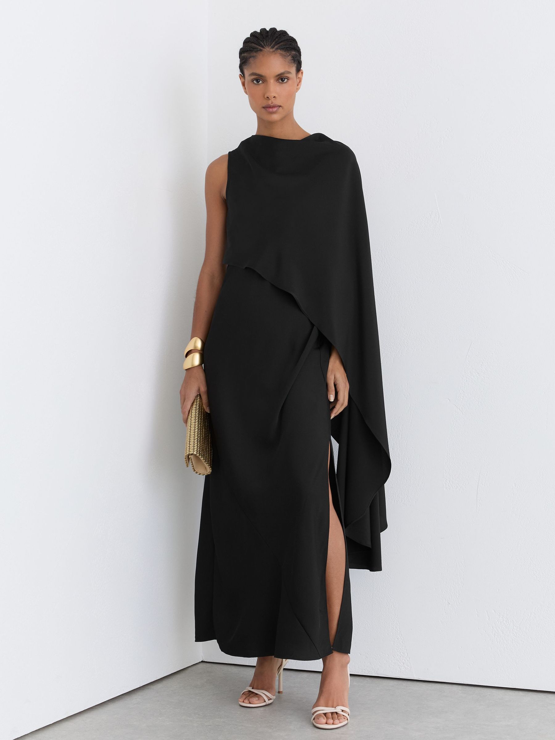 Asymmetric Cape-Detail Maxi Dress in Black - image 2