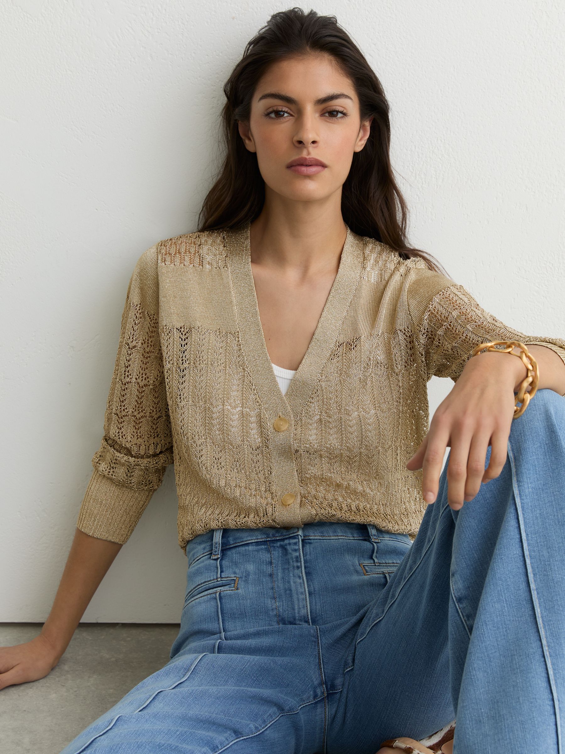 Metallic Pointelle-Knit Cardigan in Gold - image 2