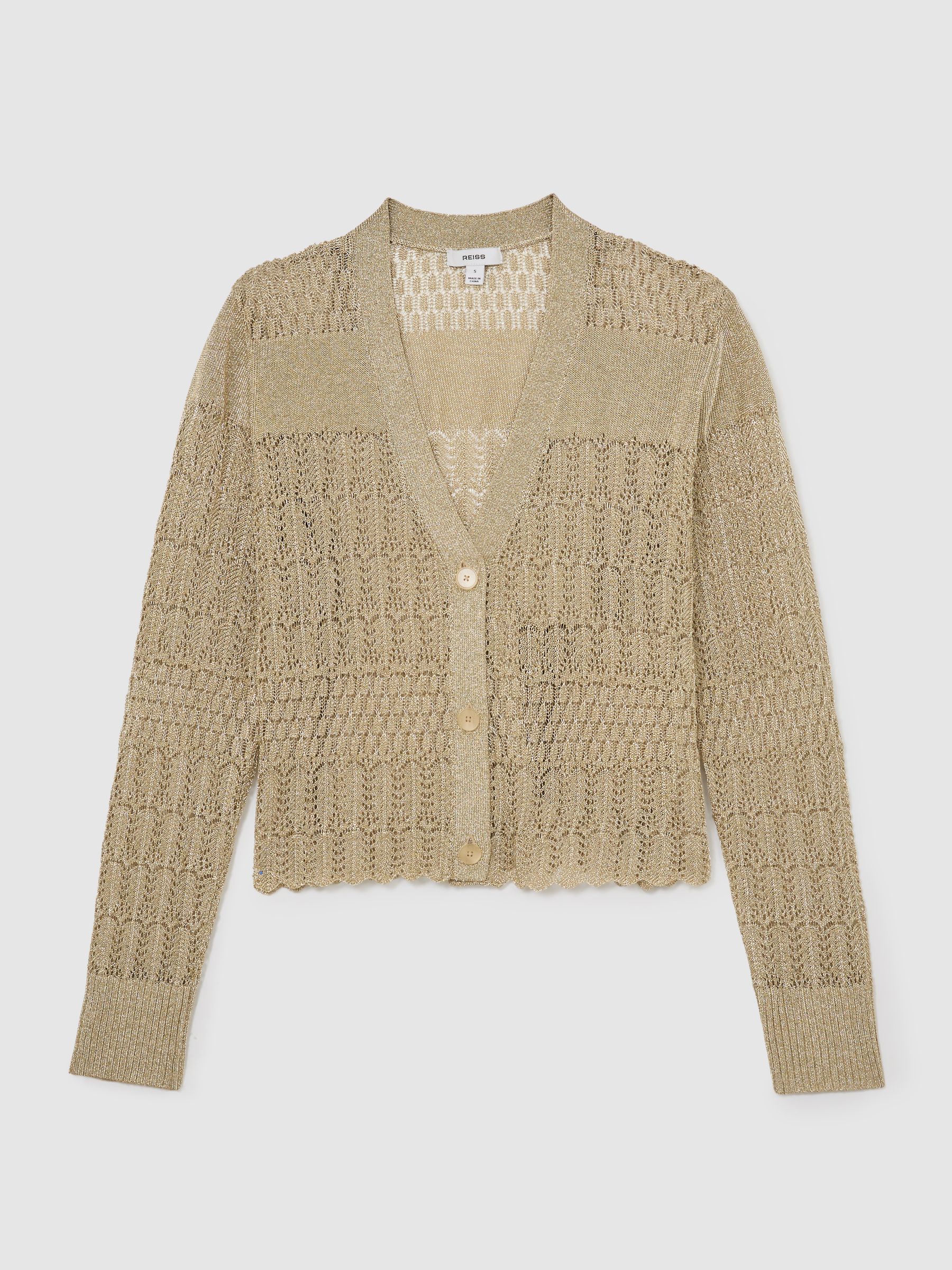 Metallic Pointelle-Knit Cardigan in Gold