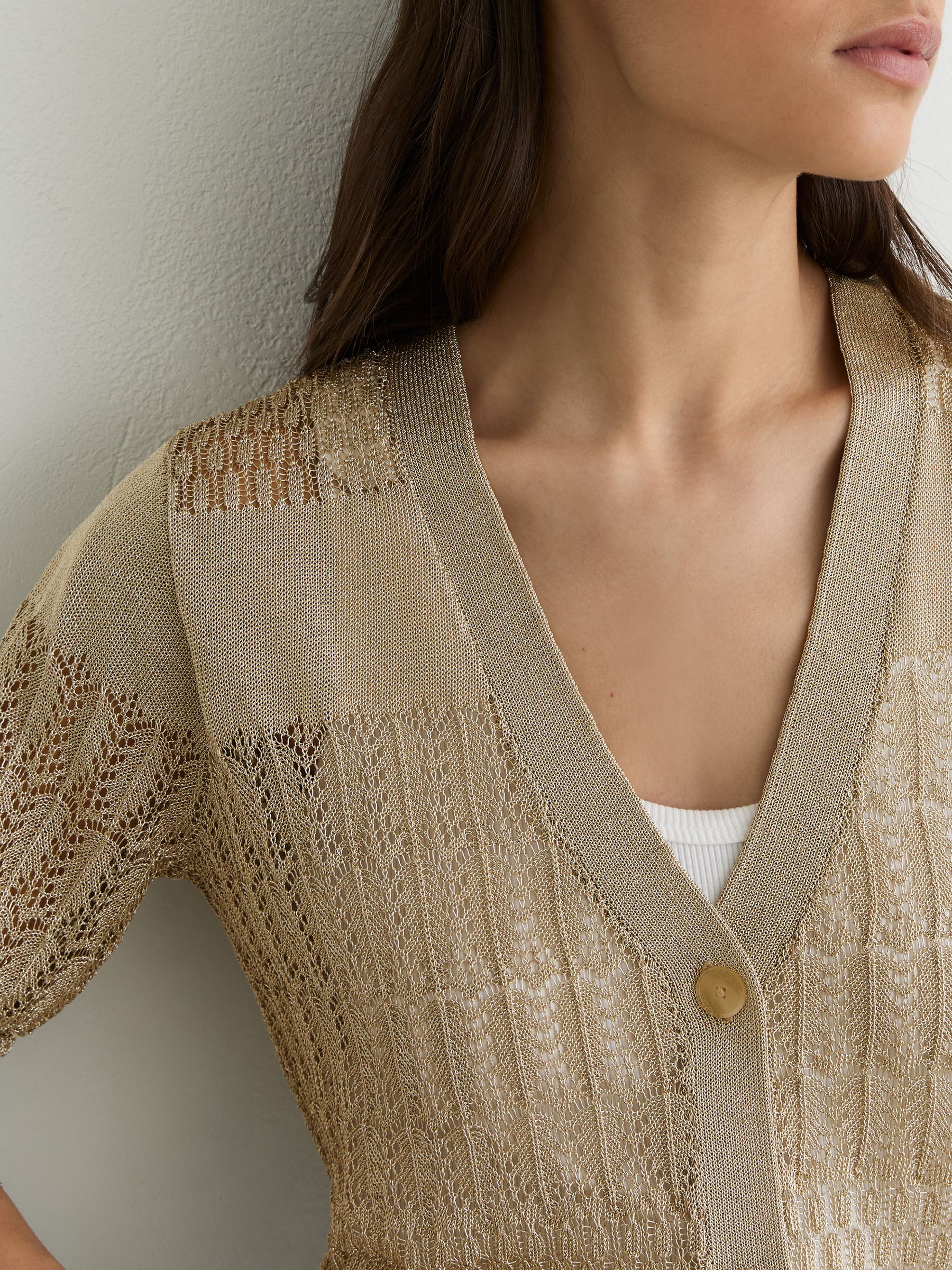 Metallic Pointelle-Knit Cardigan in Gold - image 4