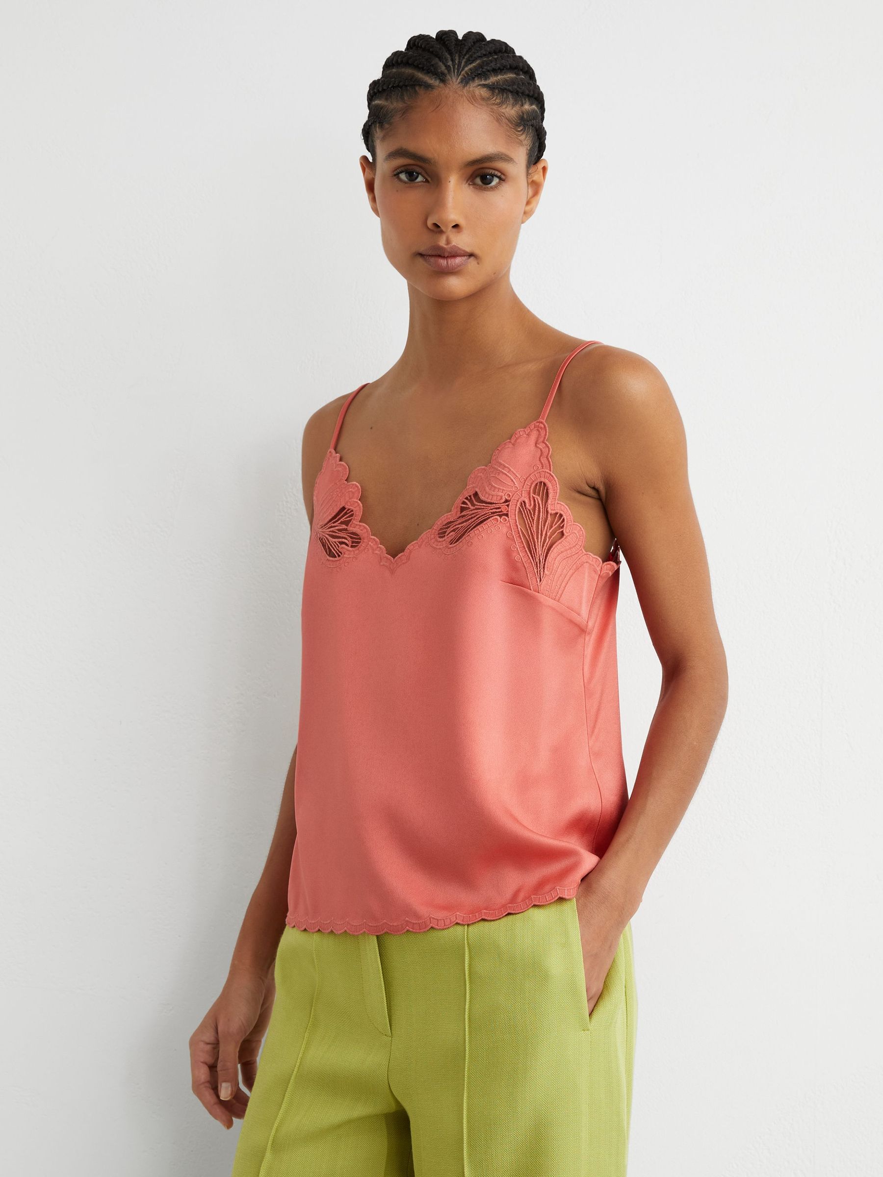 Satin Lace-Detail Cami Top in Coral Pink - Image 1 of 7