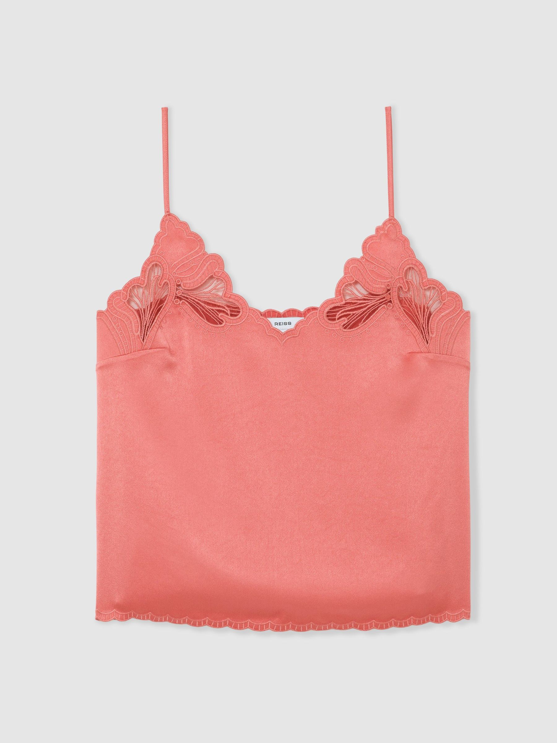Satin Lace-Detail Cami Top in Coral Pink - image 1