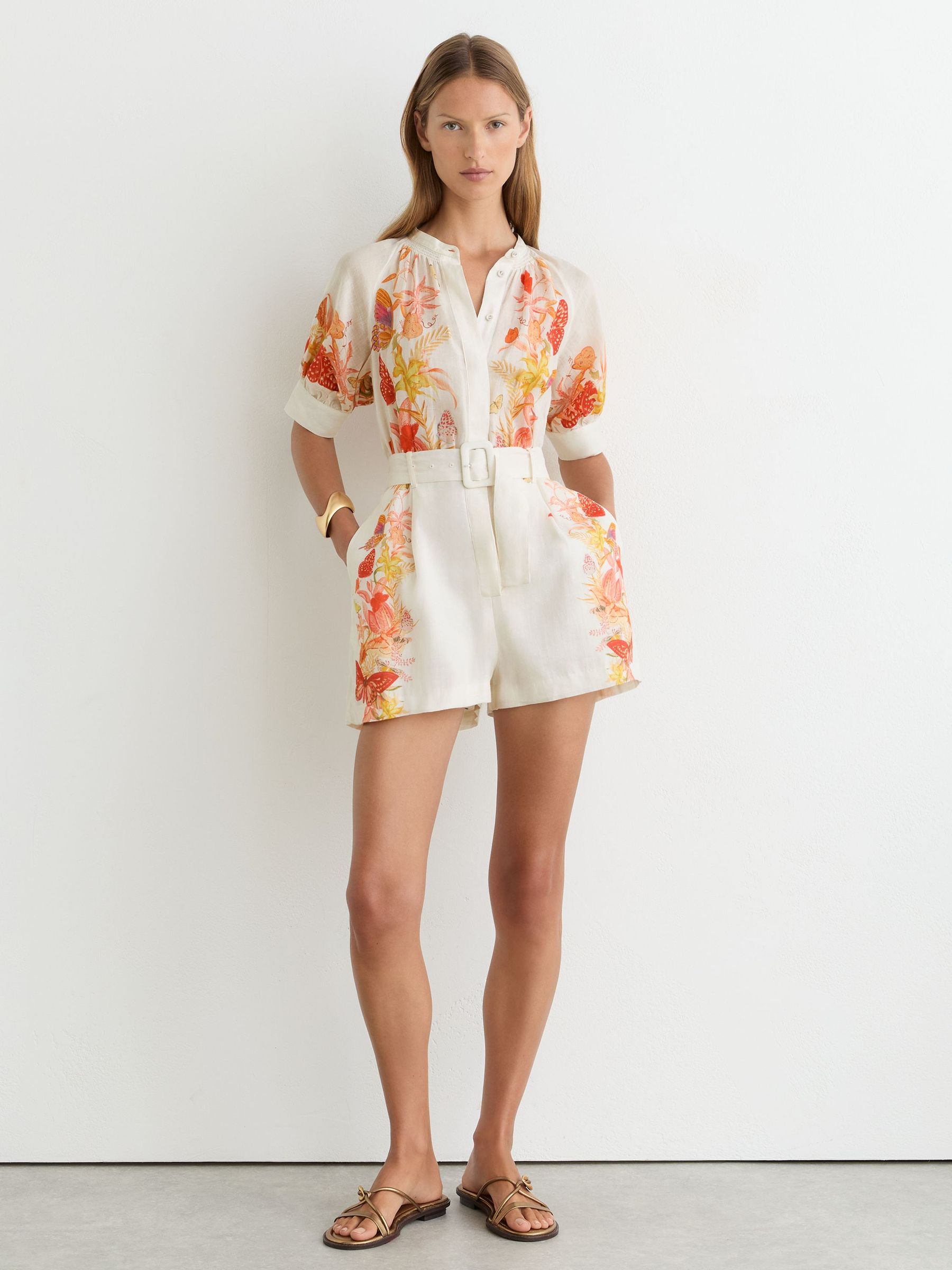 Reiss | NYBG Ramie Butterfly-Print Playsuit in Ivory - Image 3 of 8