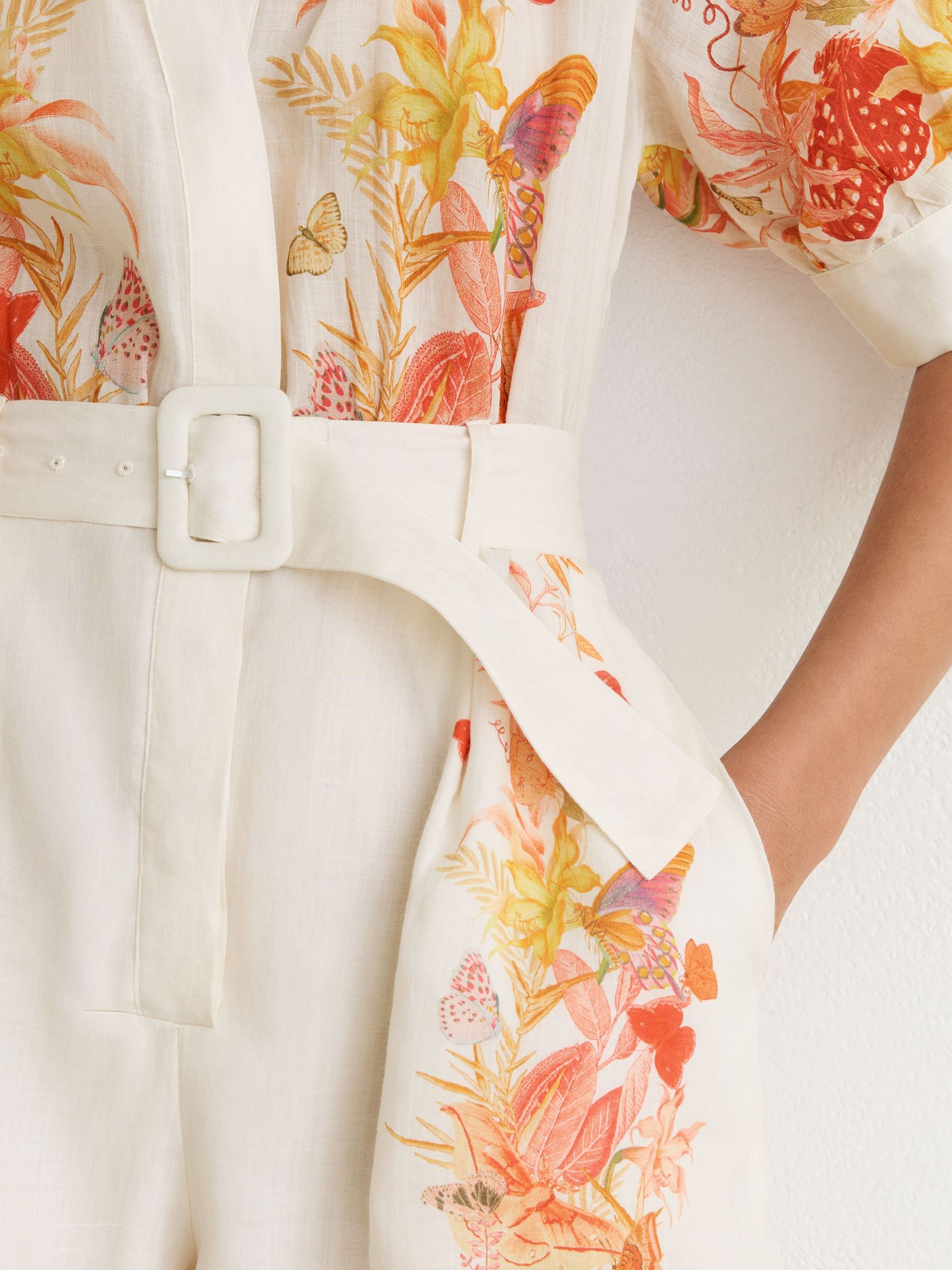 Reiss | NYBG Ramie Butterfly-Print Playsuit in Ivory - Image 4 of 8