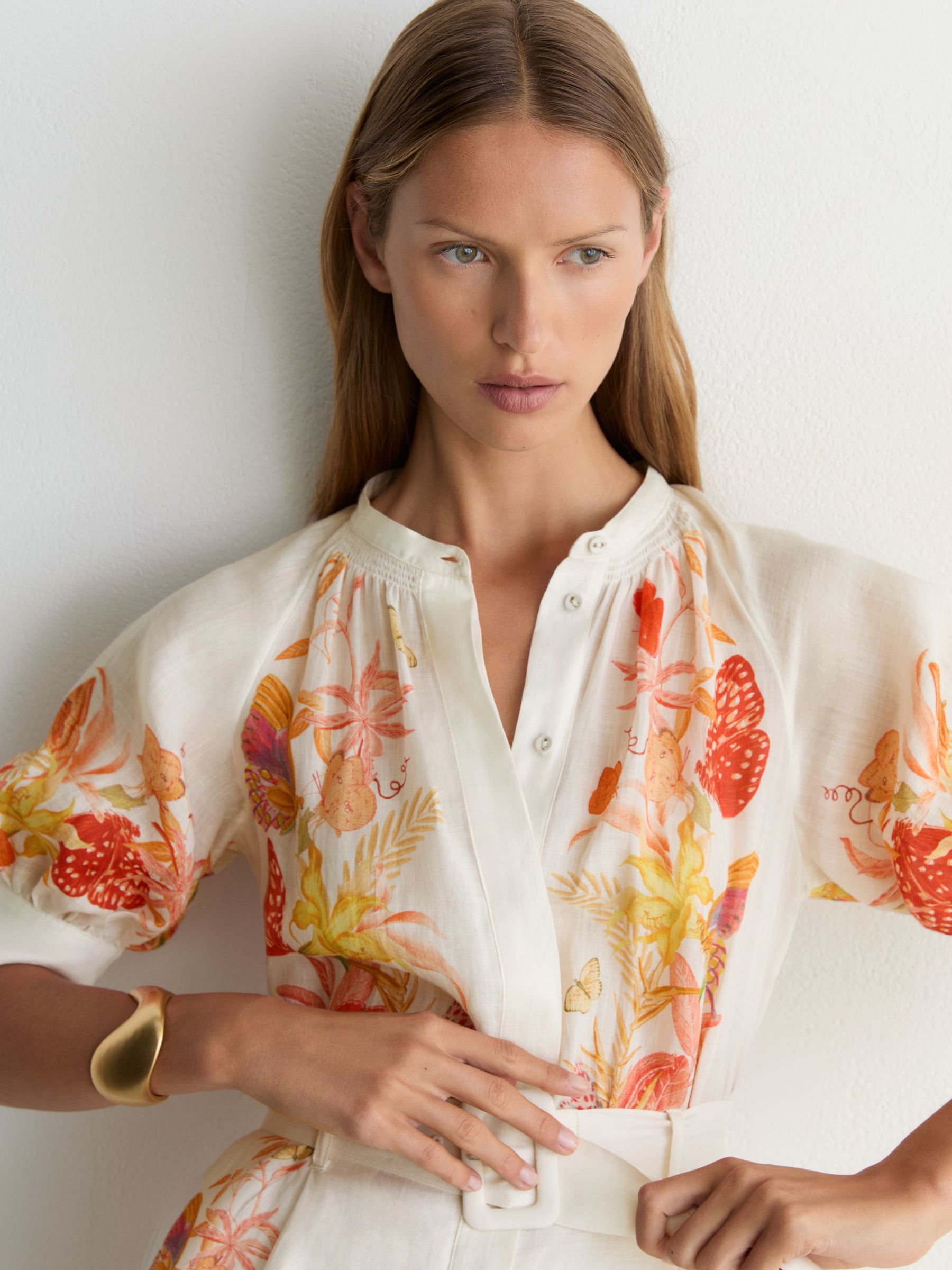 Reiss | NYBG Ramie Butterfly-Print Playsuit in Ivory - Image 5 of 8