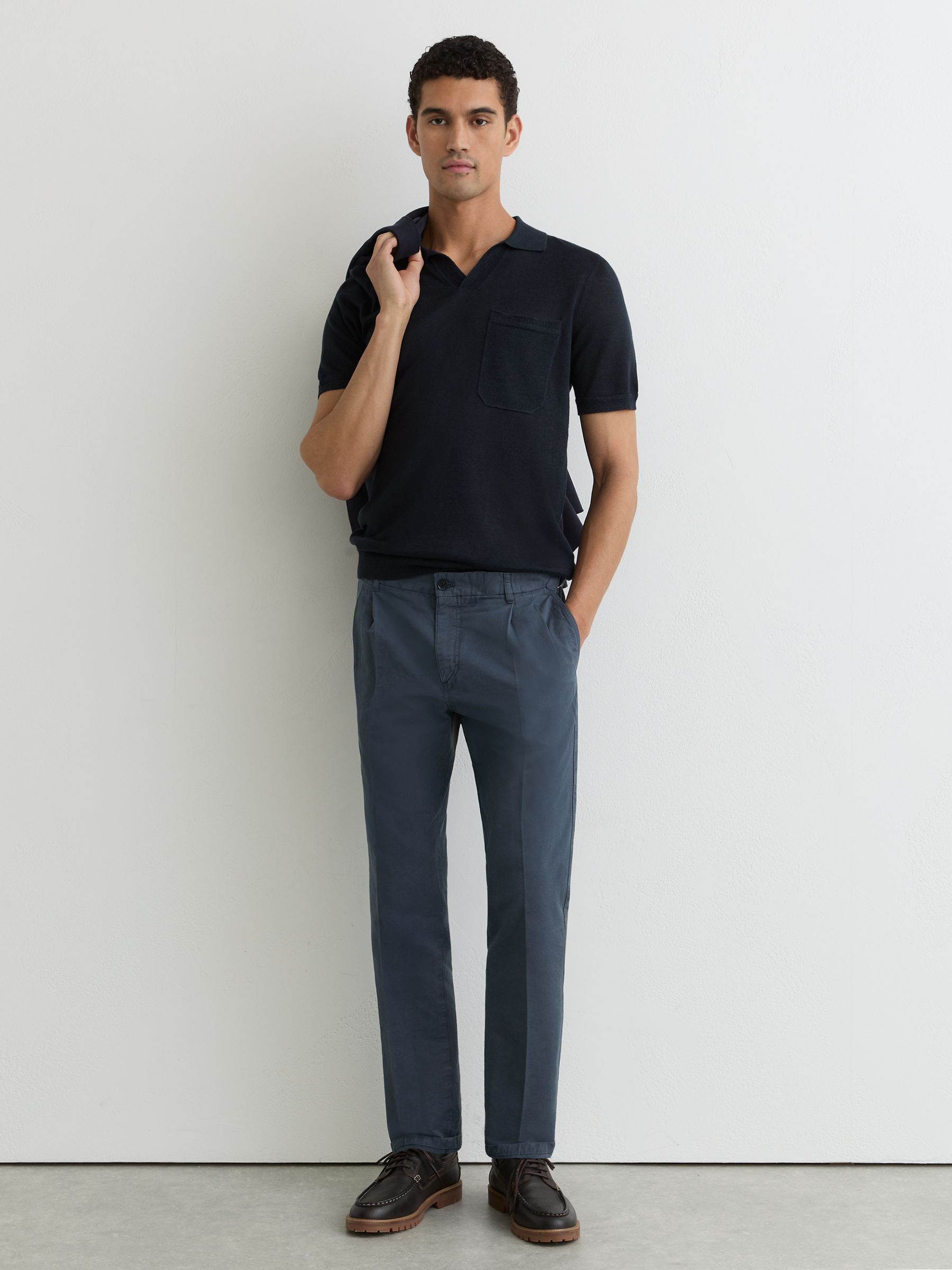 Cotton-Linen Side-Adjuster Tapered Trousers in Airforce Blue - Image 1 of 6