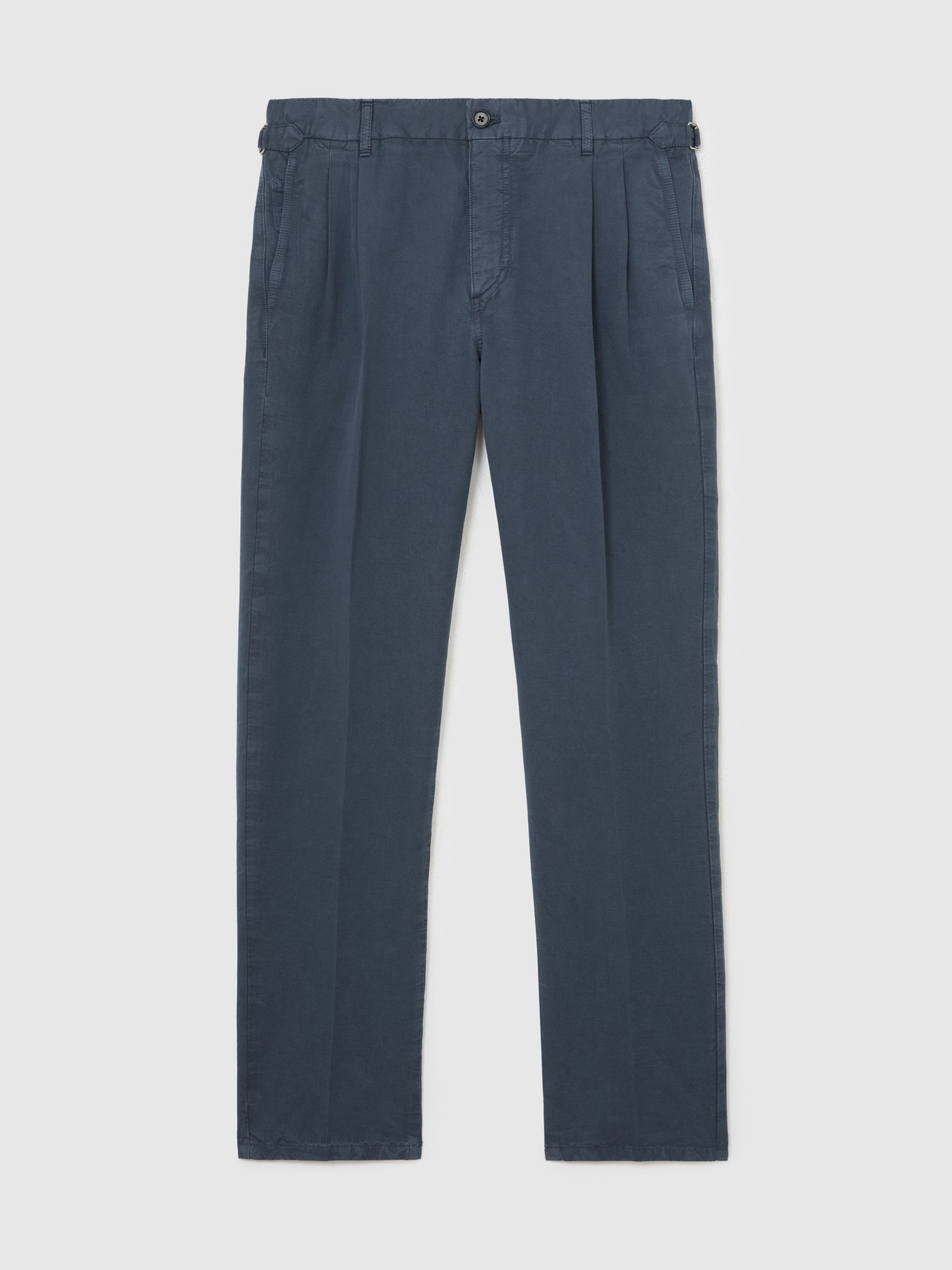 Cotton-Linen Side-Adjuster Tapered Trousers in Airforce Blue - Image 2 of 6