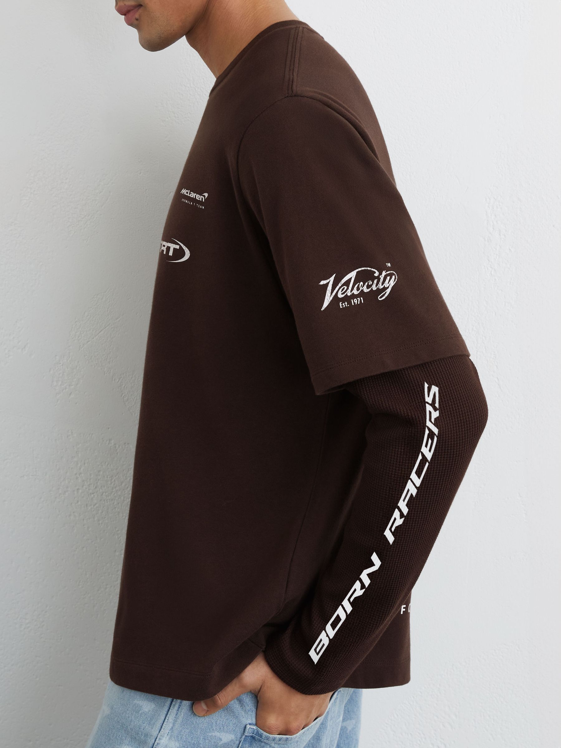 McLaren Racing Double-Layer Relaxed T-Shirt Unisex-Fit in Chocolate Brown - Image 3 of 7