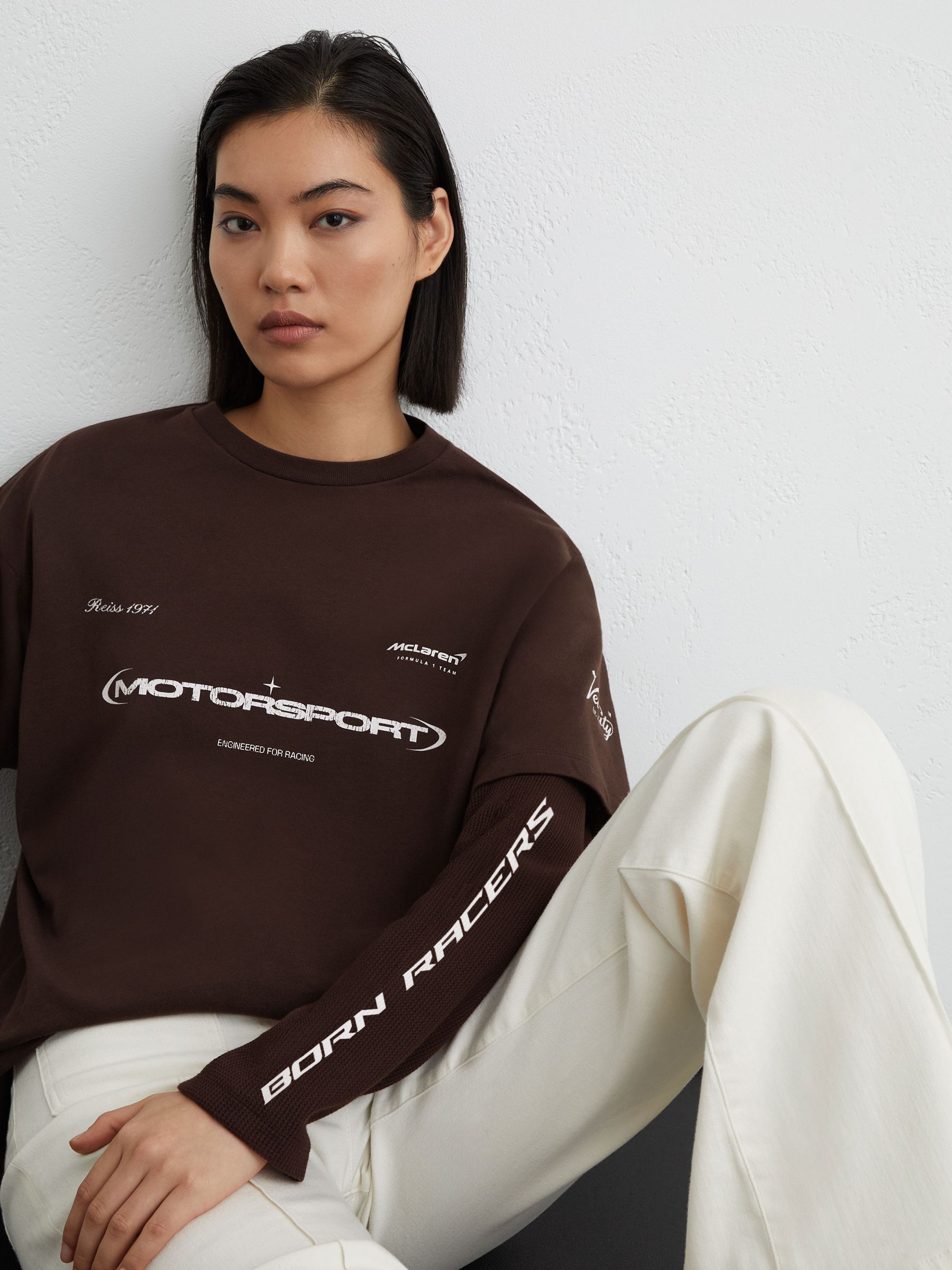 McLaren Racing Double-Layer Relaxed T-Shirt Unisex-Fit in Chocolate Brown - Image 4 of 7