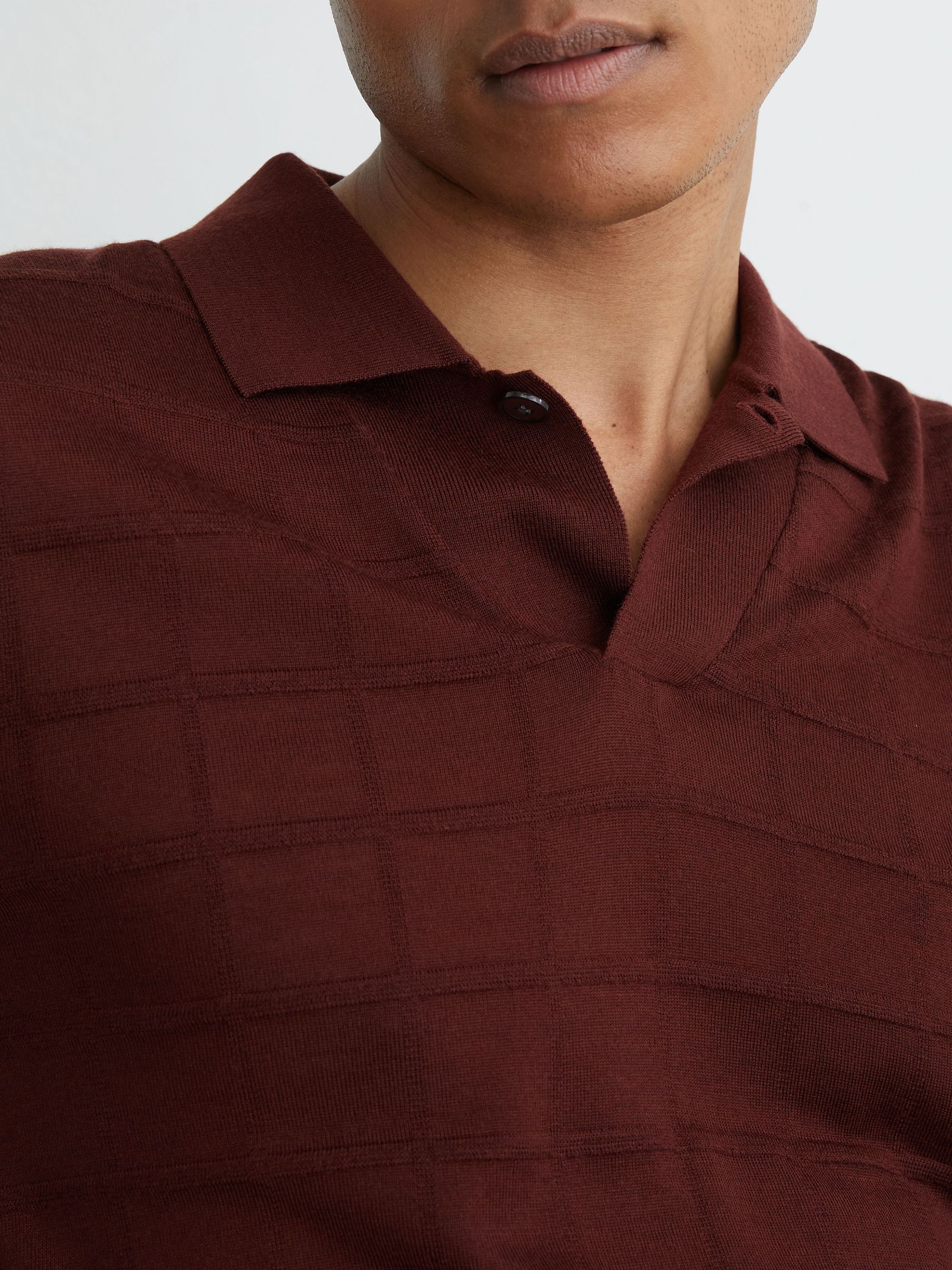 Check-Texture Short-Sleeve Polo Jumper with Wool in Bordeaux - Image 1 of 6