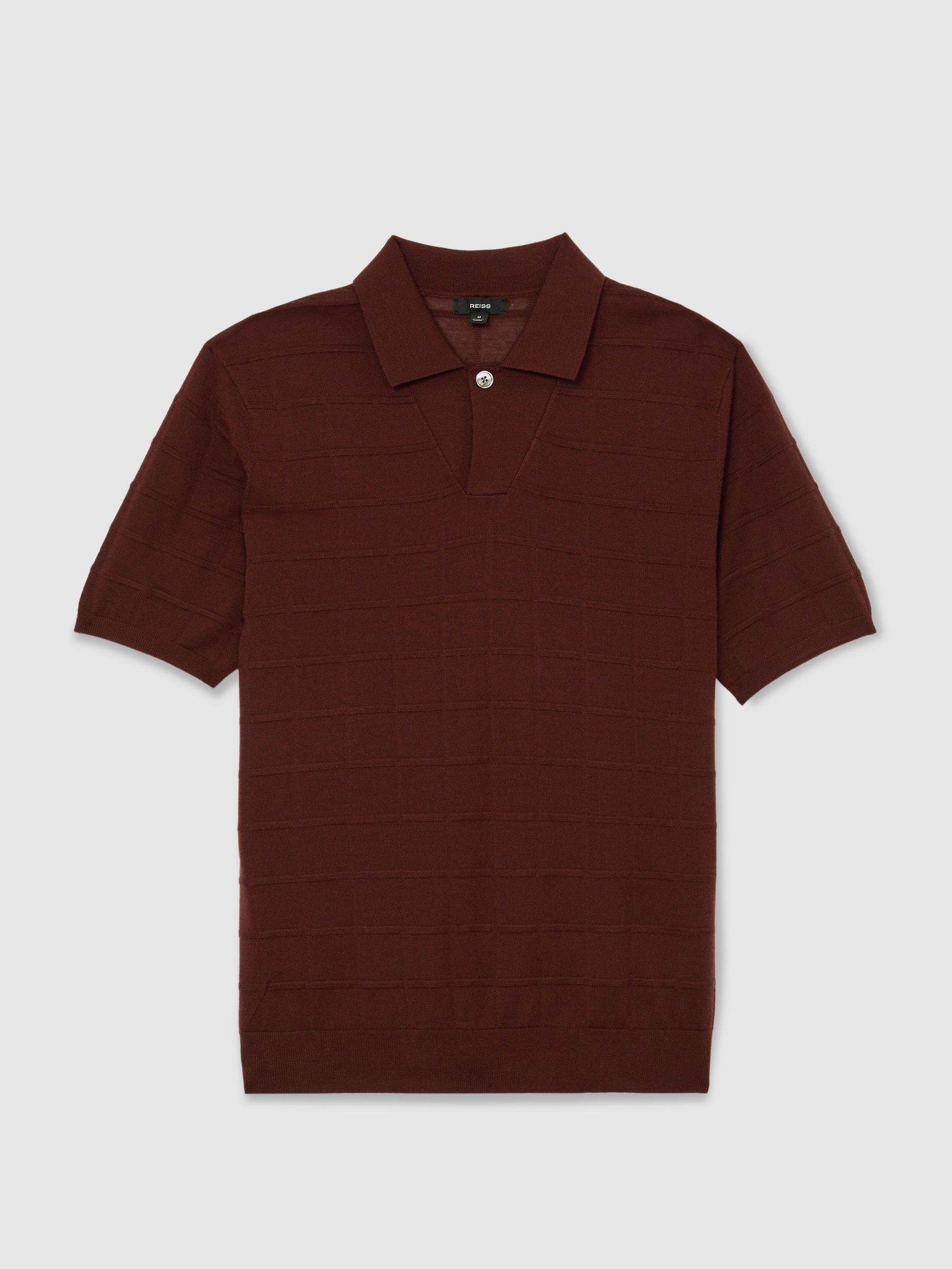 Check-Texture Short-Sleeve Polo Jumper with Wool in Bordeaux - Image 2 of 6