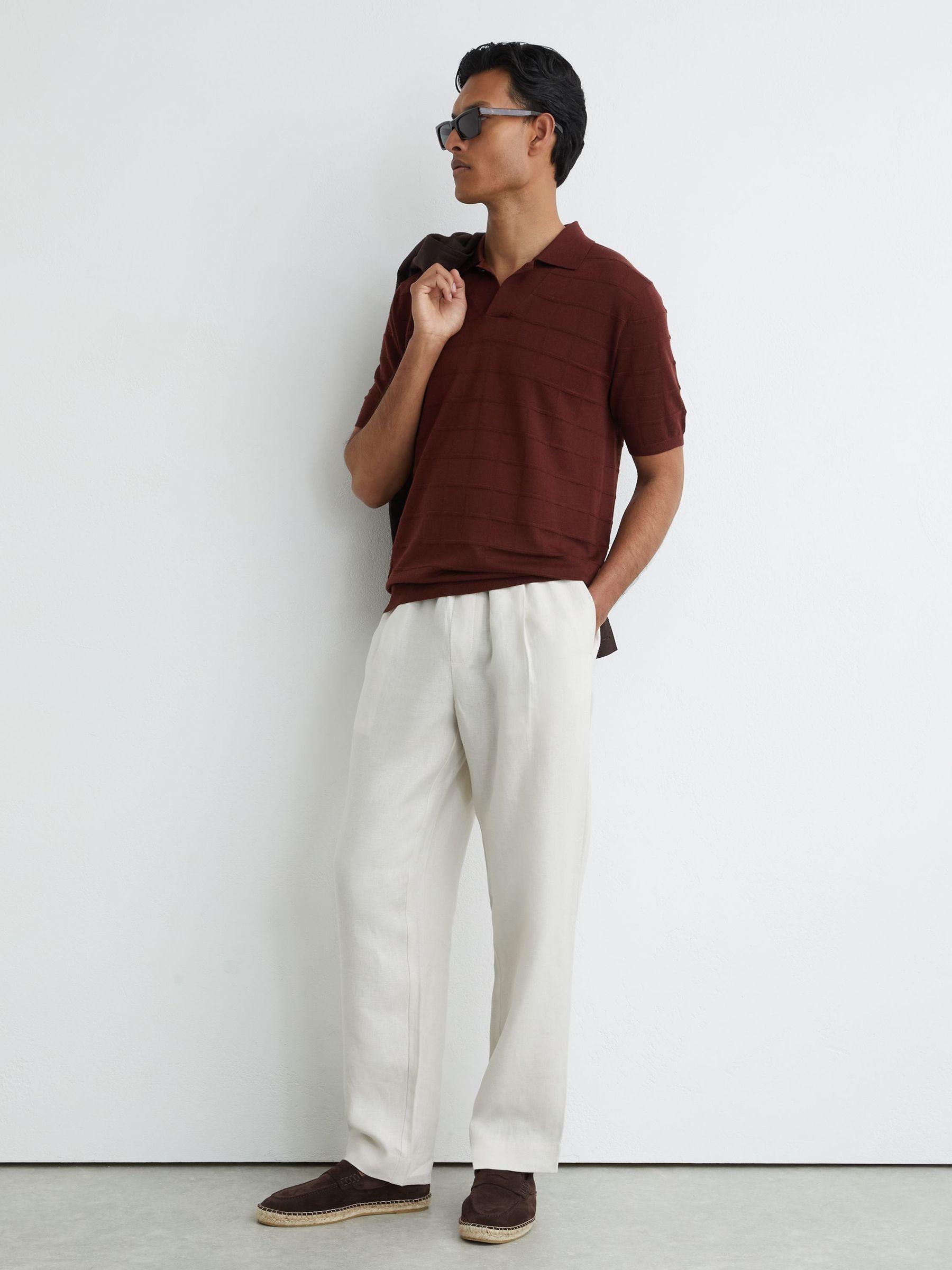 Check-Texture Short-Sleeve Polo Jumper with Wool in Bordeaux - Image 3 of 6