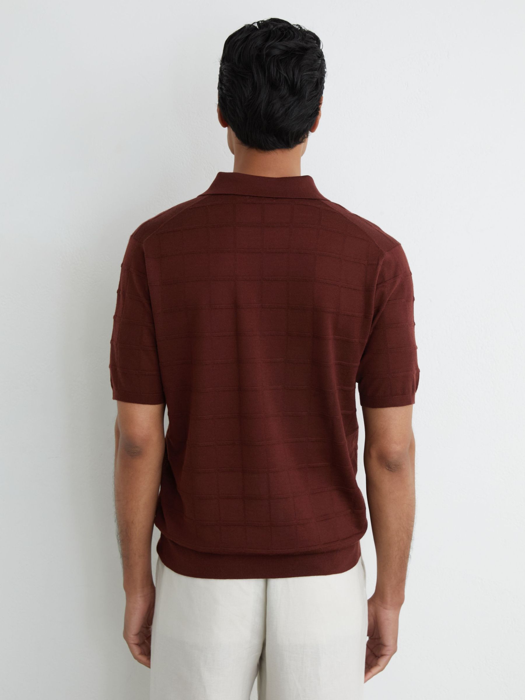 Check-Texture Short-Sleeve Polo Jumper with Wool in Bordeaux - Image 5 of 6