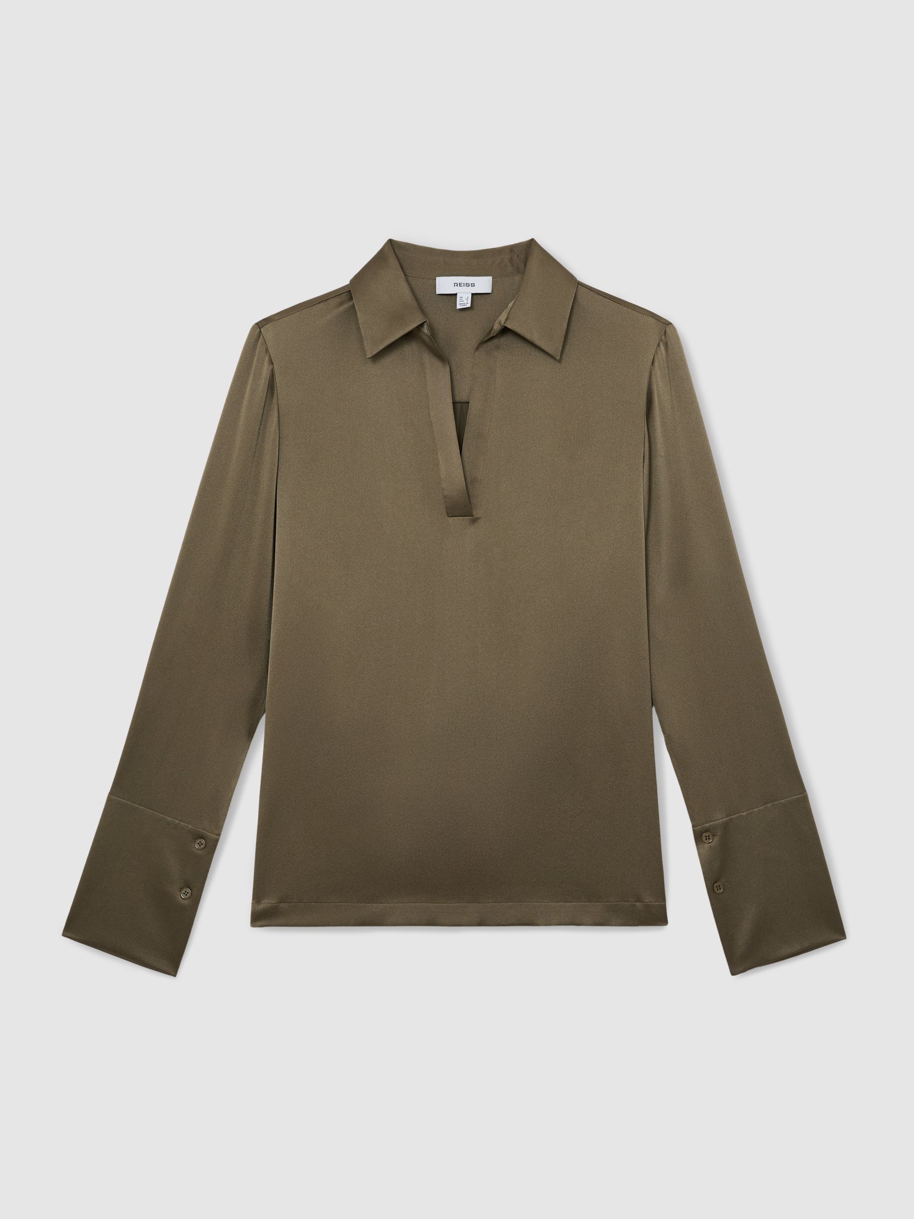 Silk Open-Collar Blouse in Khaki Green - Image 2 of 7