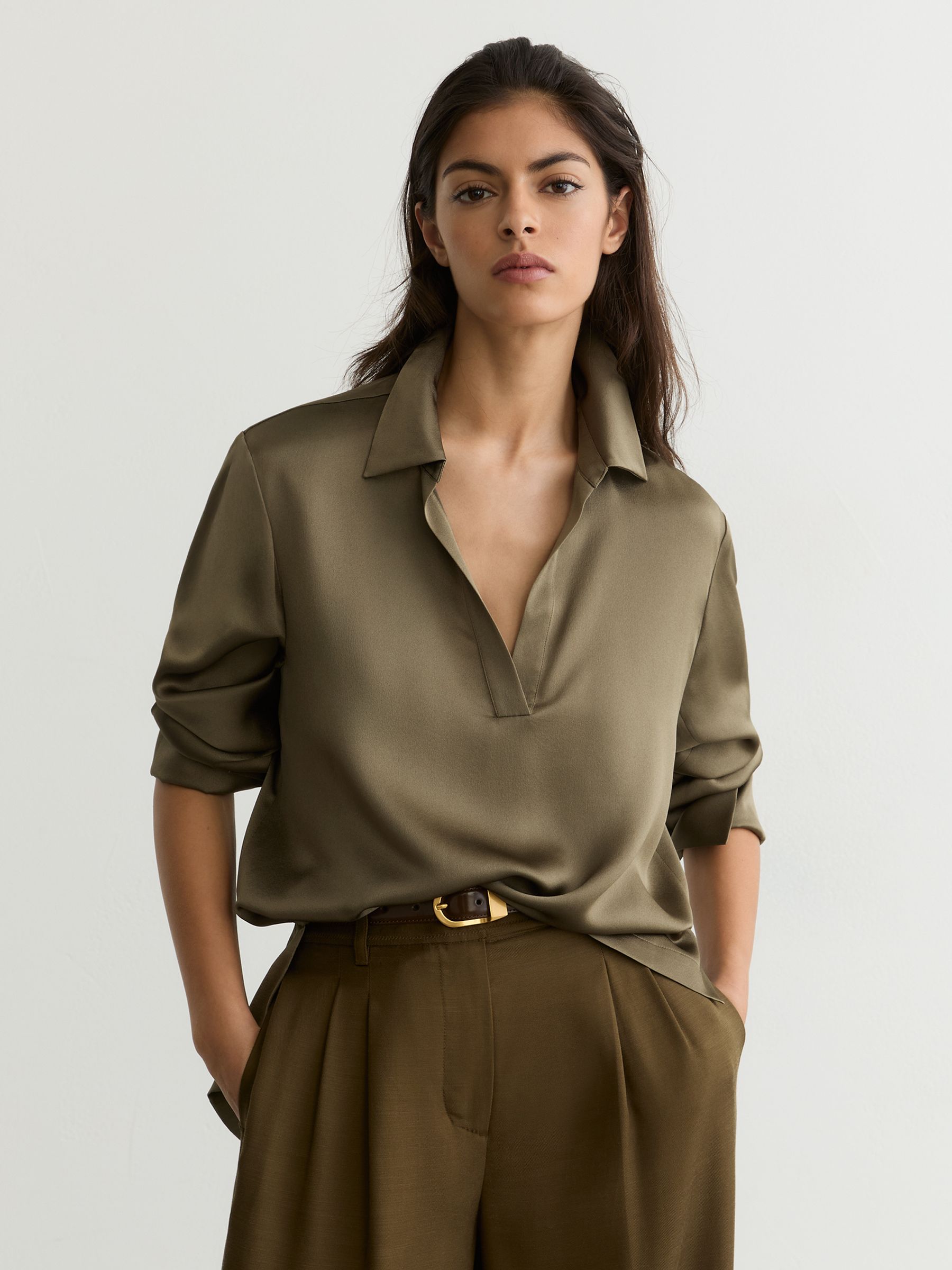 Silk Open-Collar Blouse in Khaki Green - image 4