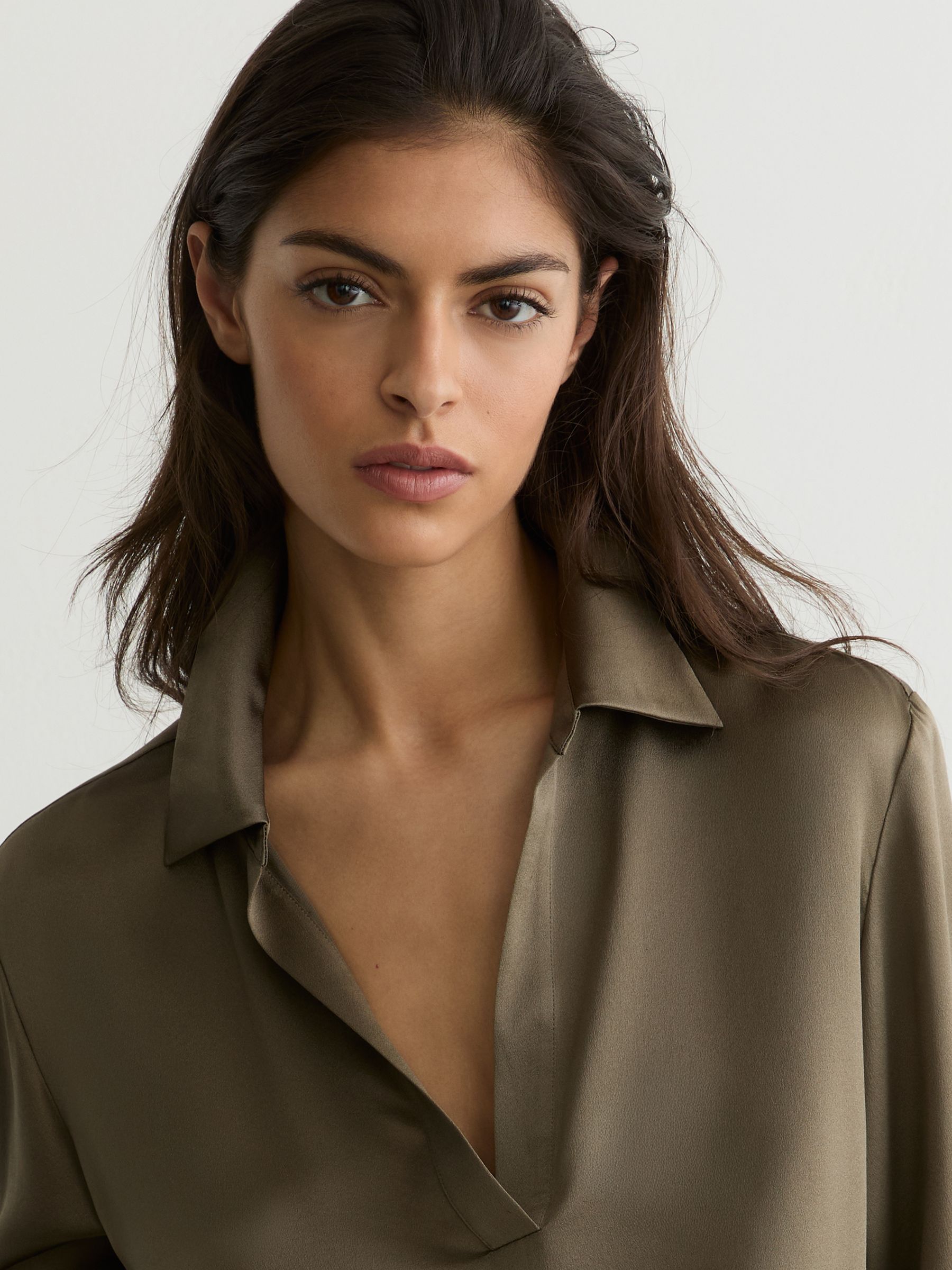 Silk Open-Collar Blouse in Khaki Green - Image 5 of 7