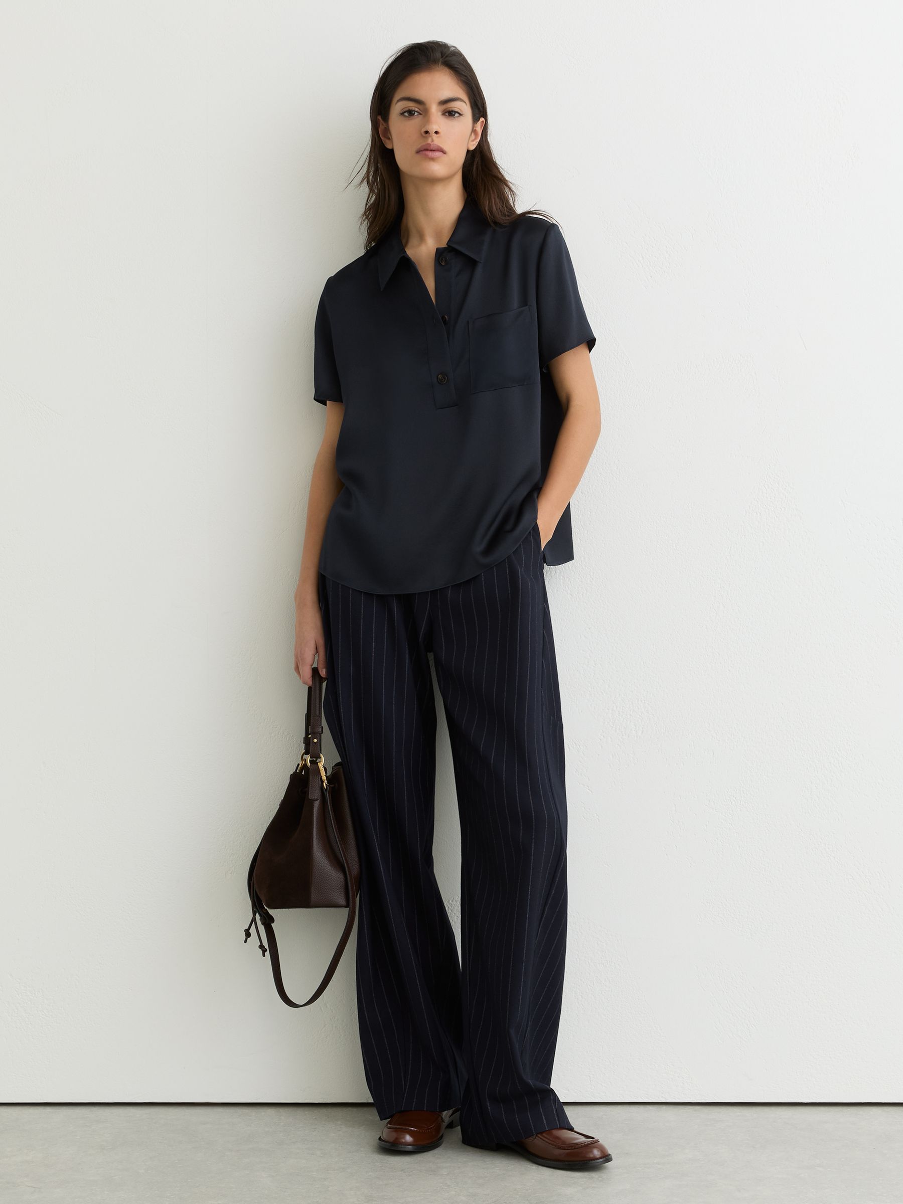 Silk Half-Button Short-Sleeve Shirt in Navy - Image 1 of 6