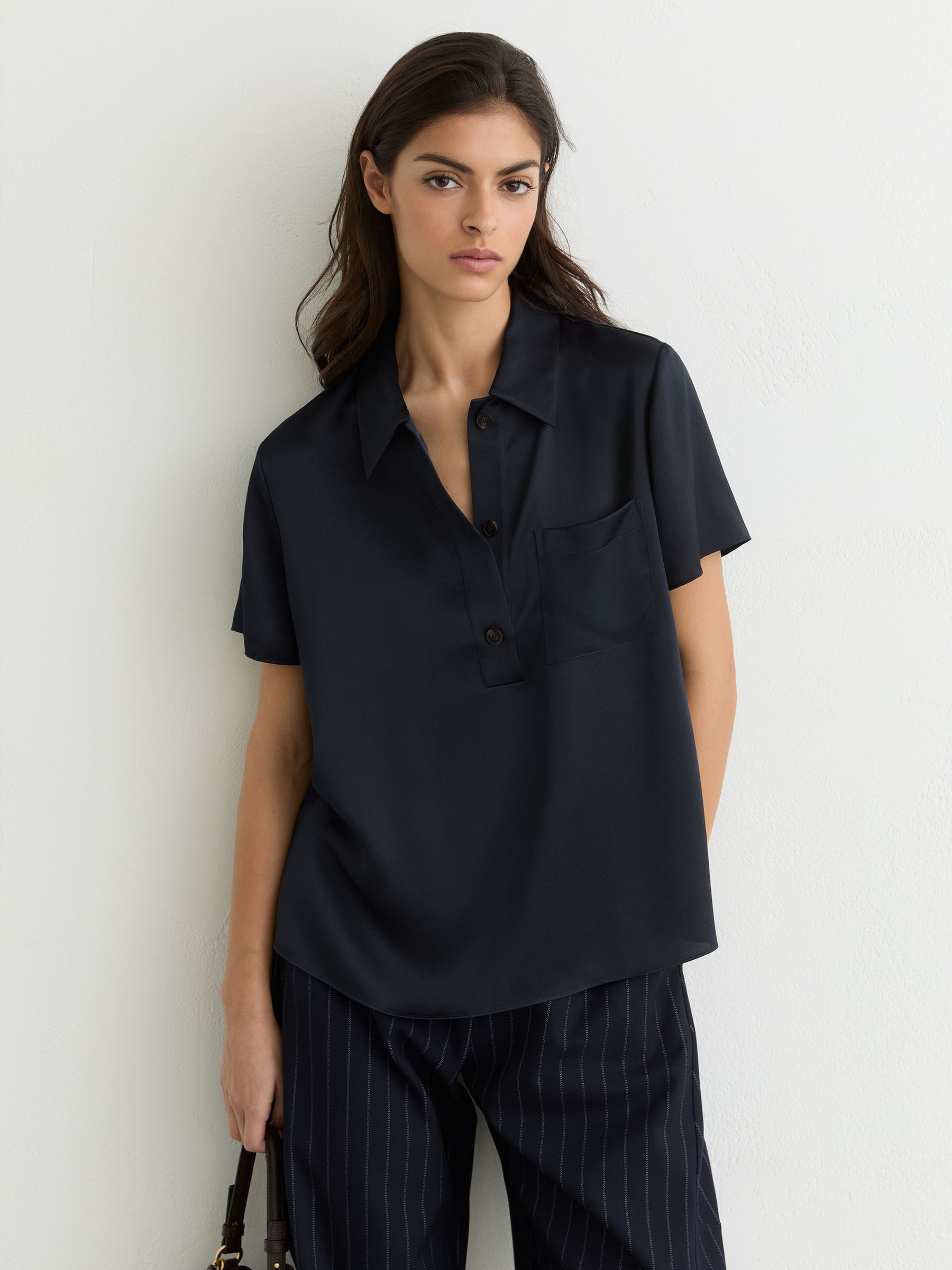 Silk Half-Button Short-Sleeve Shirt in Navy - Image 3 of 6