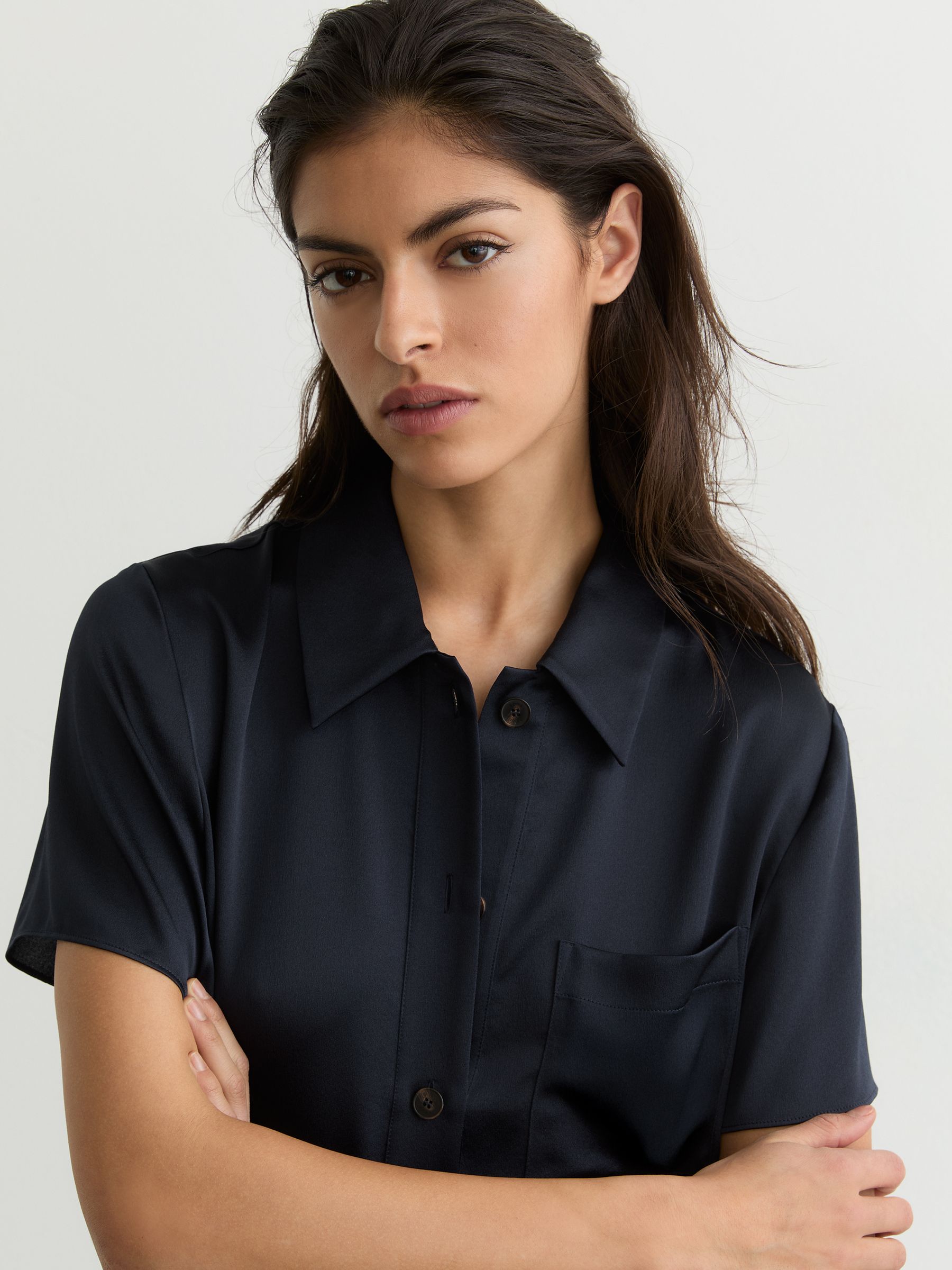 Silk Half-Button Short-Sleeve Shirt in Navy - image 4