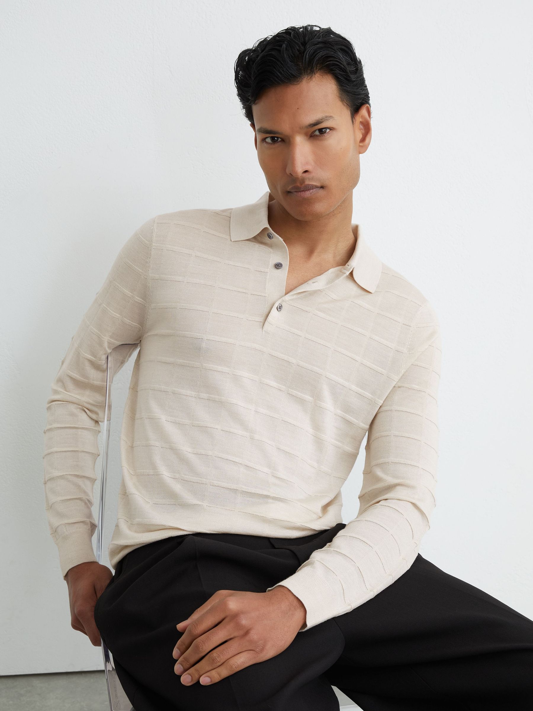 Check-Texture Long-Sleeve Polo Jumper with Wool in Ecru - image 2