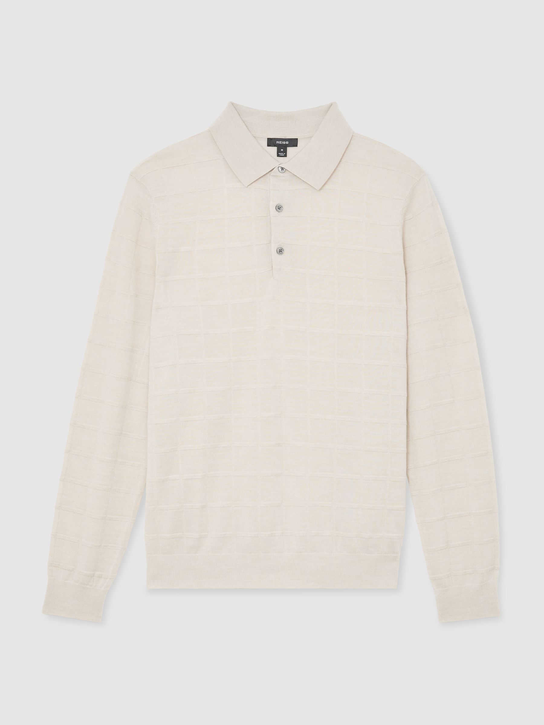 Check-Texture Long-Sleeve Polo Jumper with Wool in Ecru