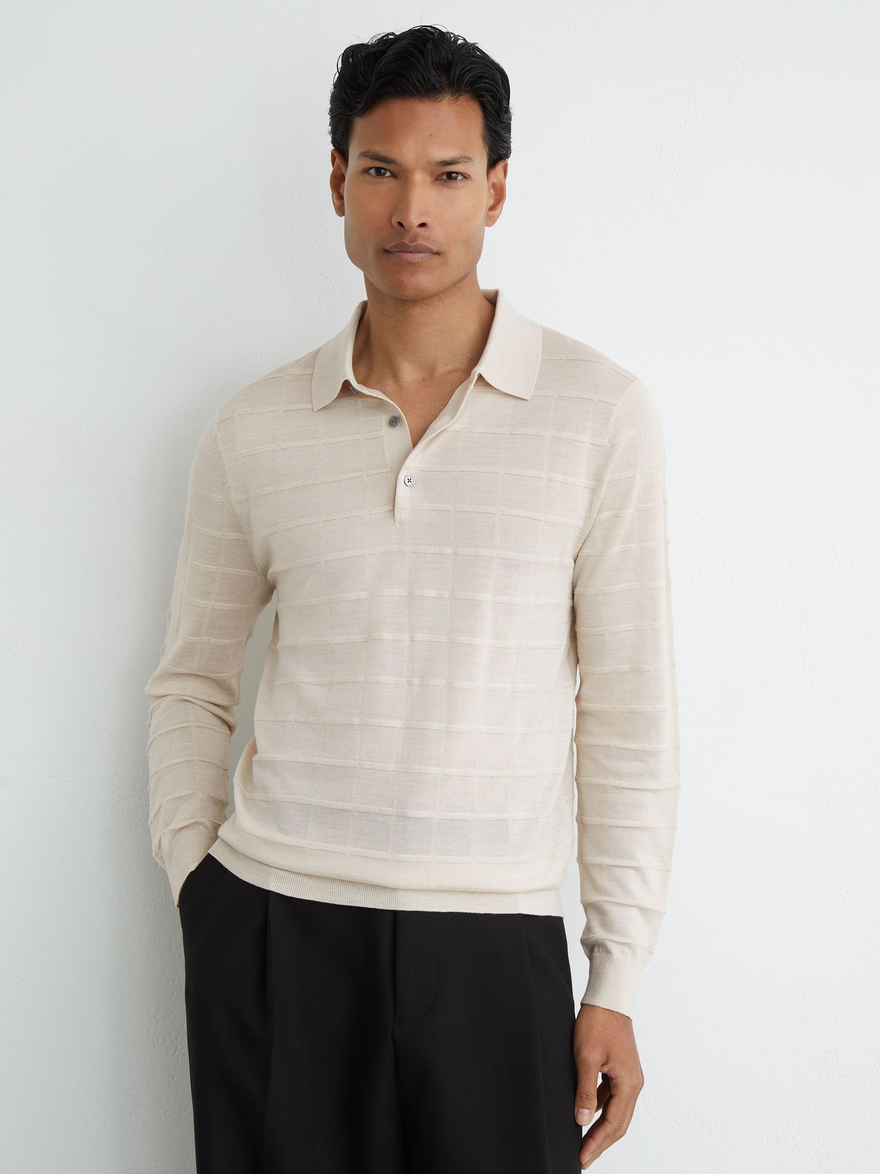 Check-Texture Long-Sleeve Polo Jumper with Wool in Ecru - image 5