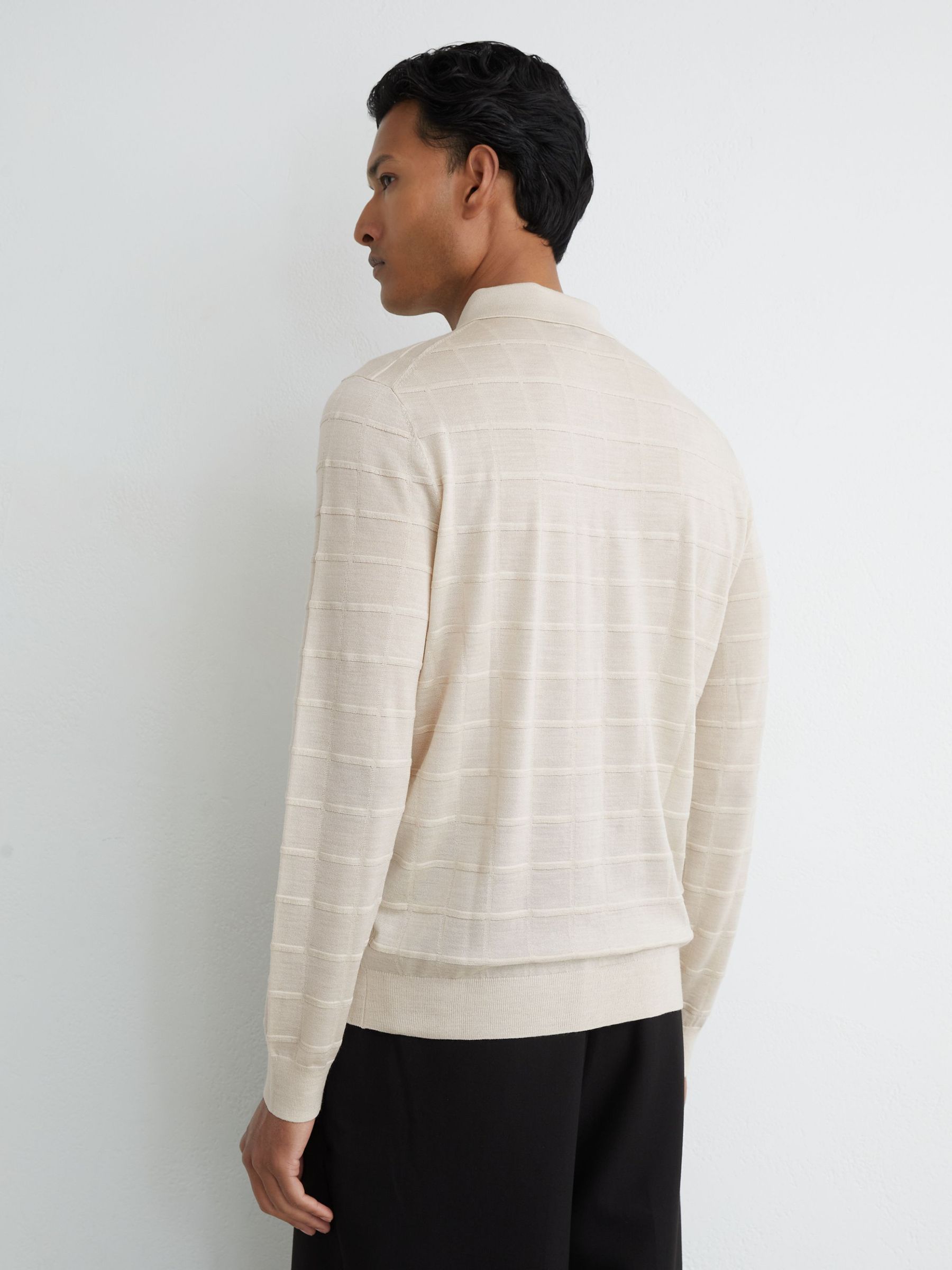 Check-Texture Long-Sleeve Polo Jumper with Wool in Ecru - image 4