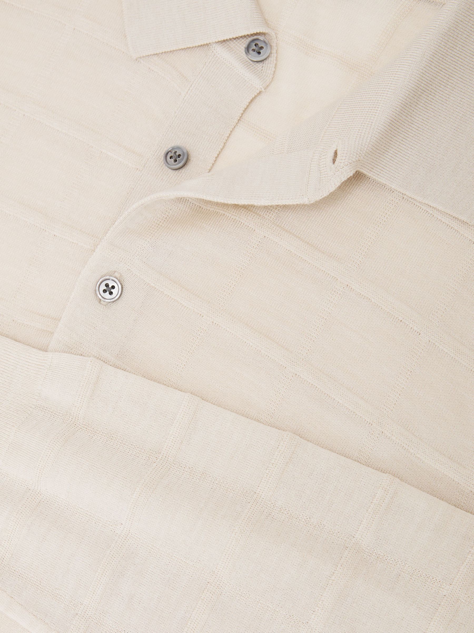 Check-Texture Long-Sleeve Polo Jumper with Wool in Ecru - image 3
