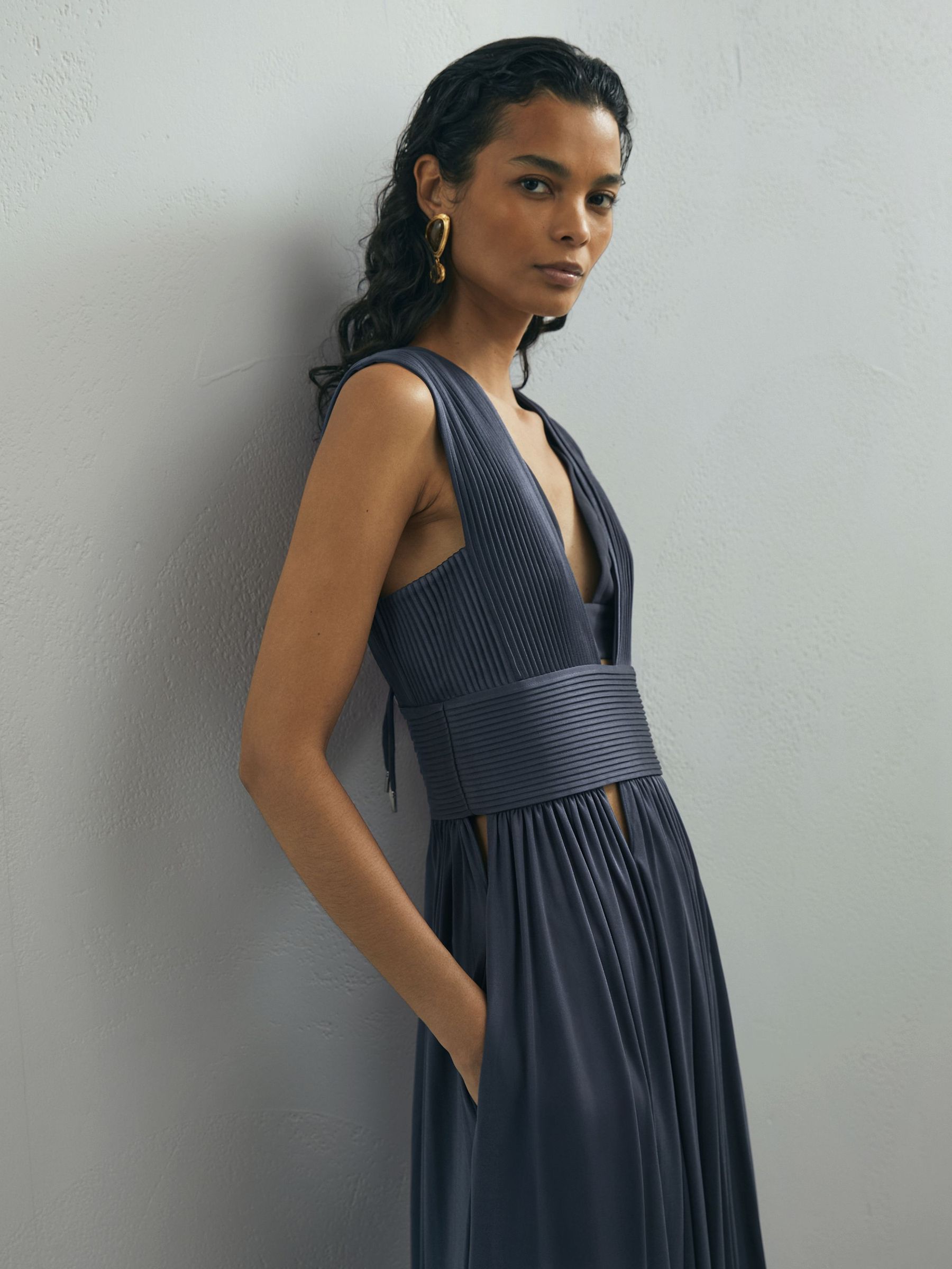 Atelier Pleated Plunge-Neck Maxi Dress in Teal - image 5