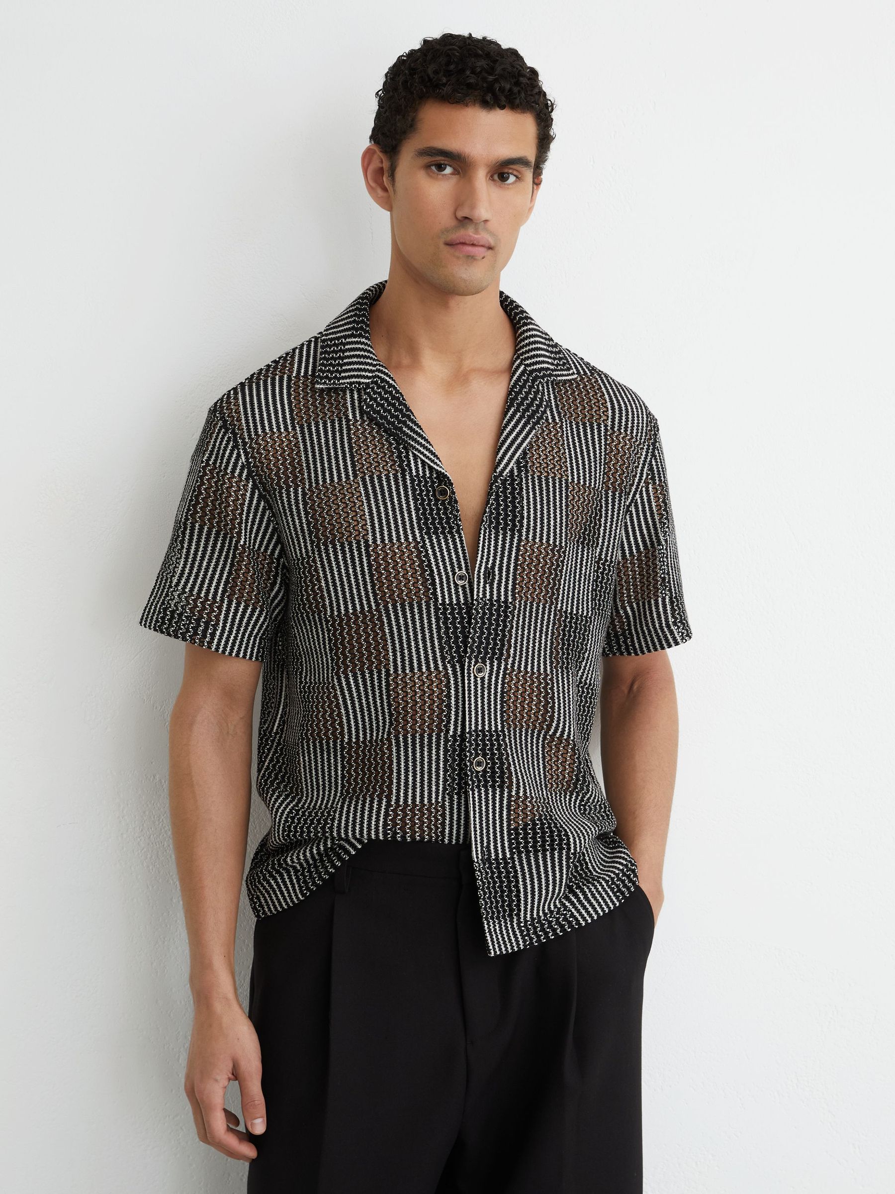 Checkerboard Crochet Cuban Collar Shirt in Black - Image 1 of 7