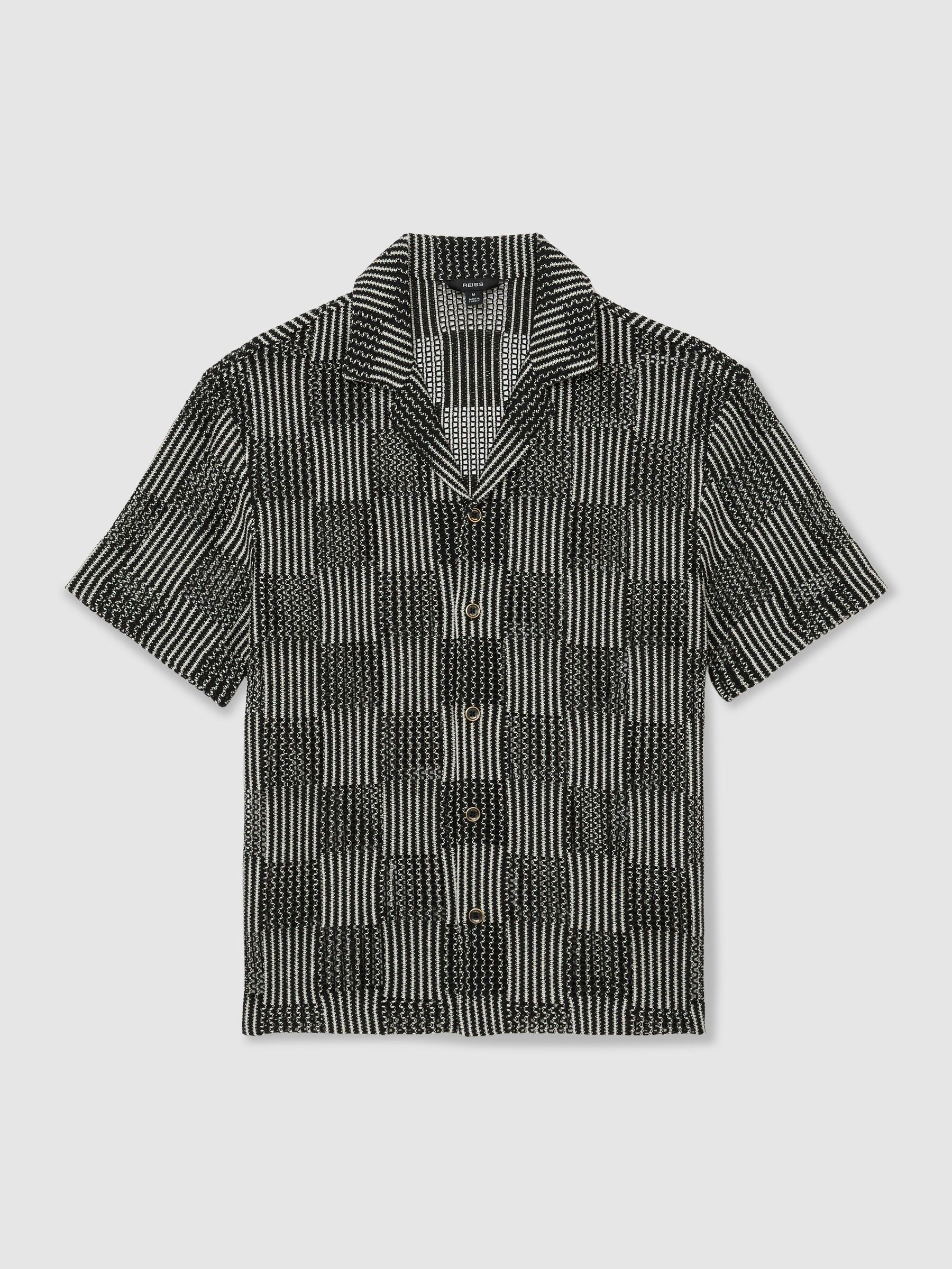 Checkerboard Crochet Cuban Collar Shirt in Black - Image 2 of 7