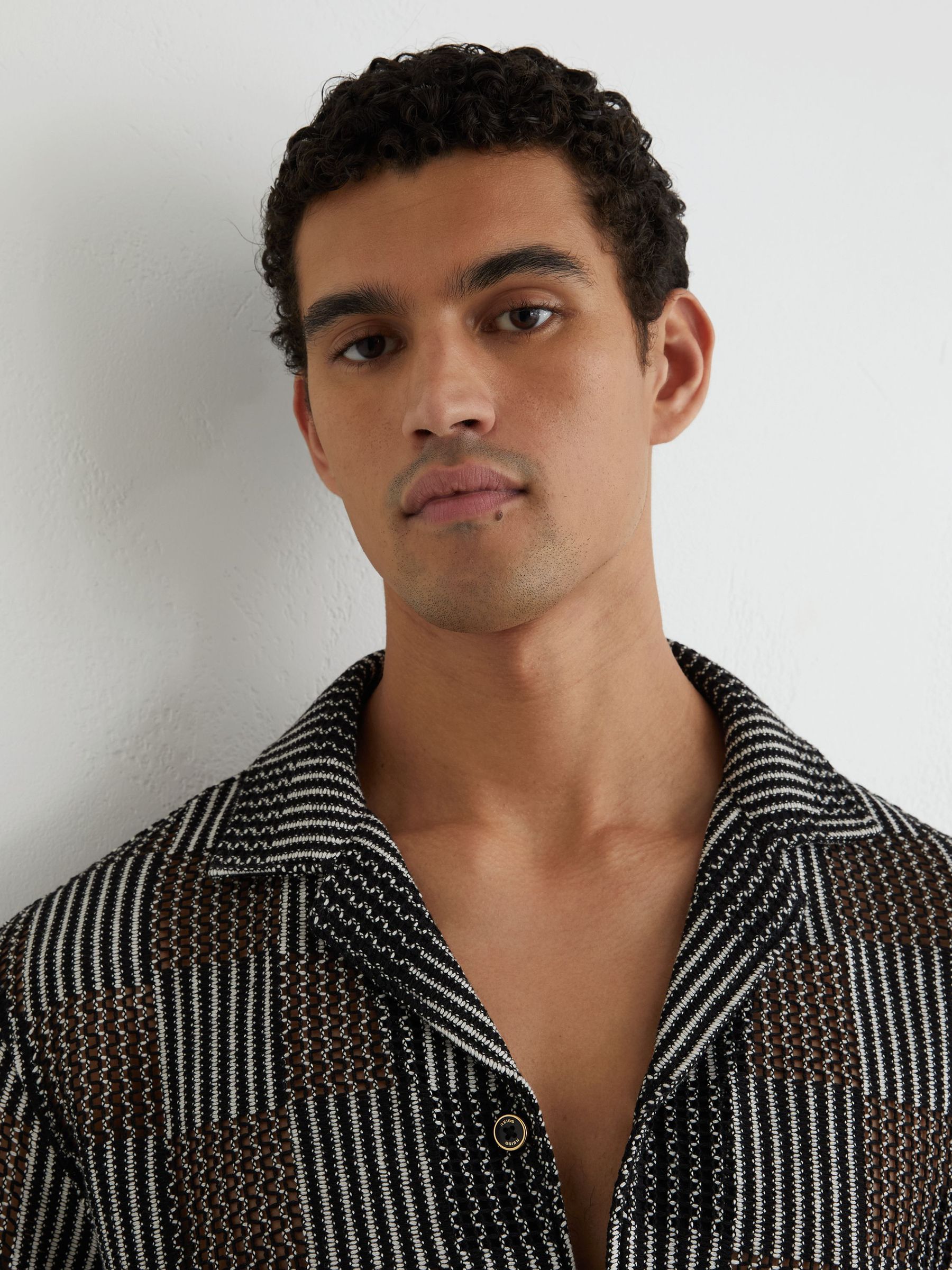 Checkerboard Crochet Cuban Collar Shirt in Black - Image 3 of 7