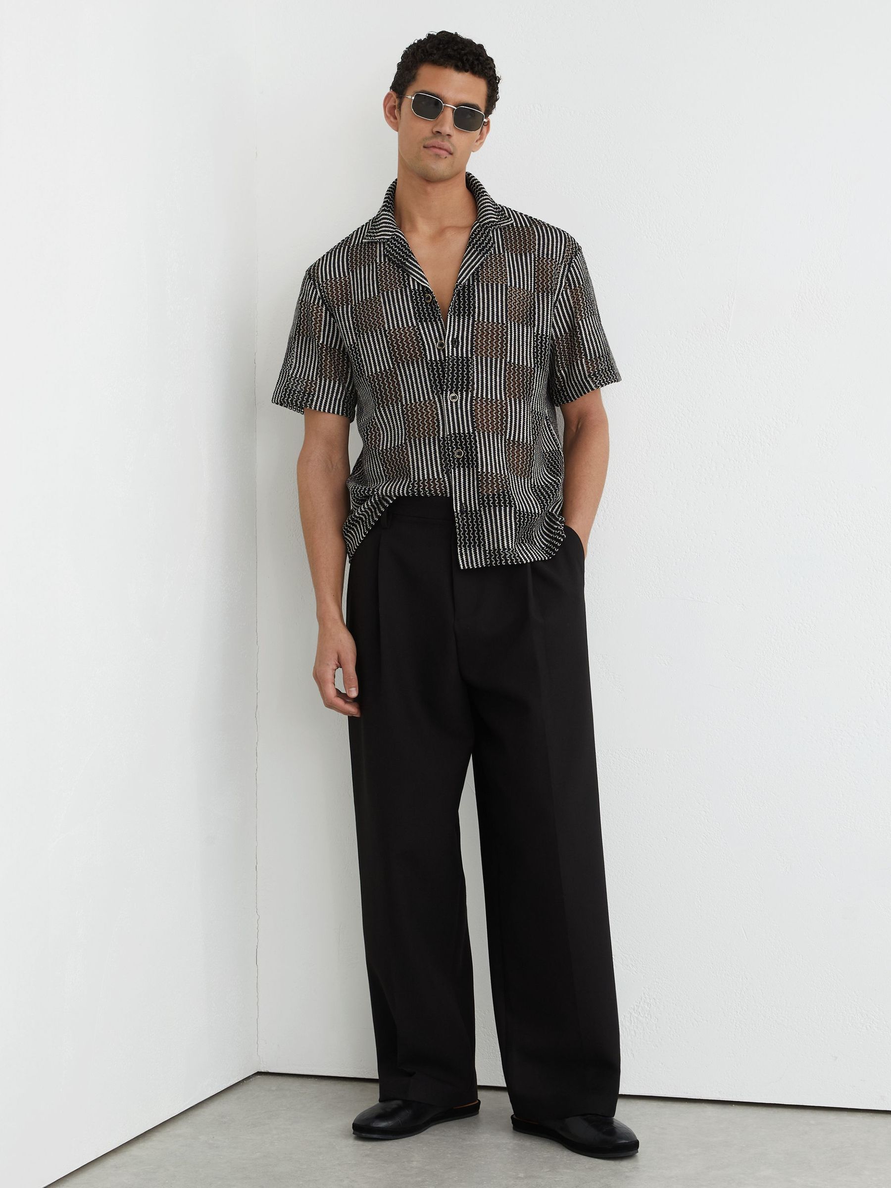Checkerboard Crochet Cuban Collar Shirt in Black - Image 4 of 7