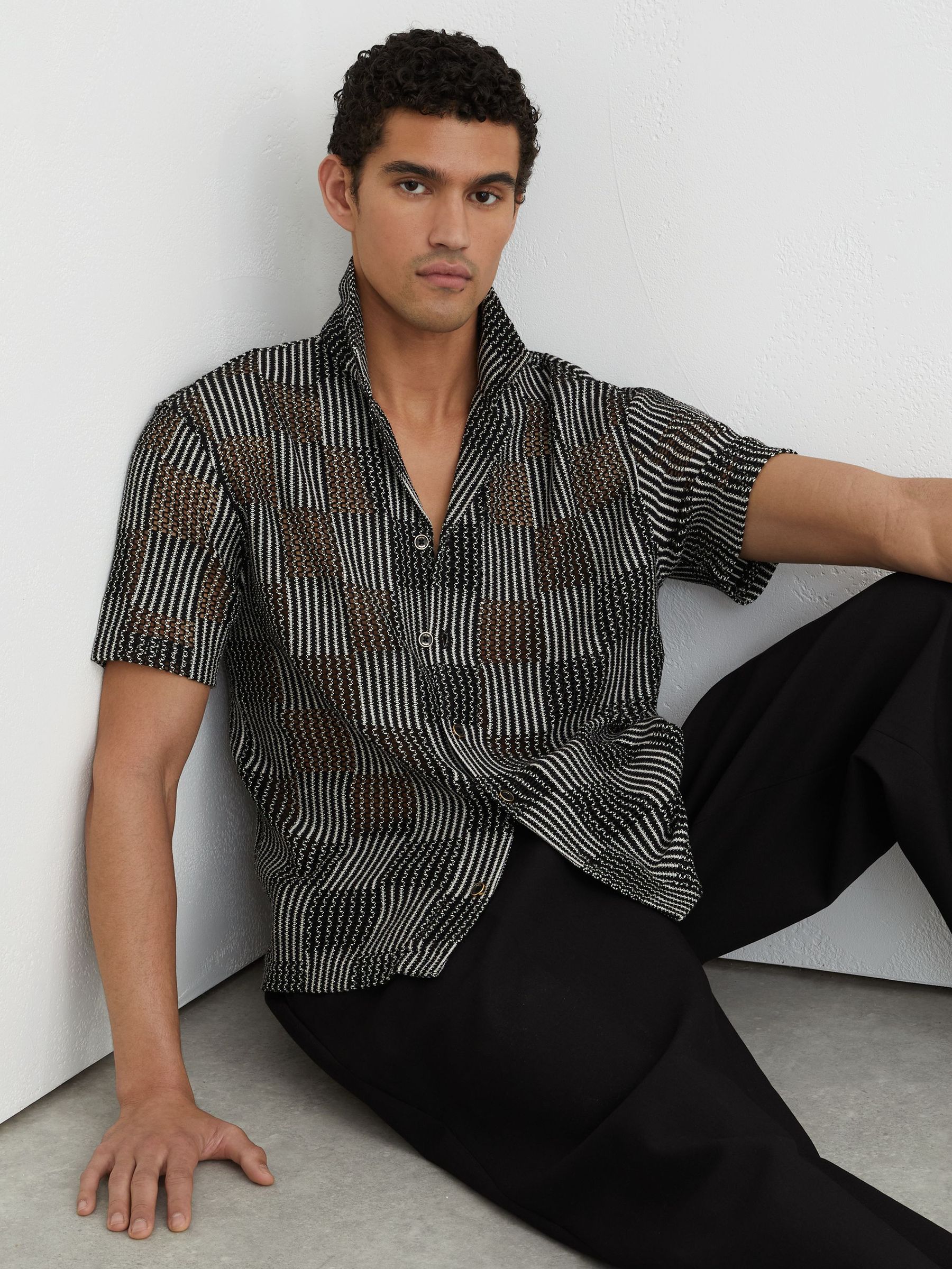 Checkerboard Crochet Cuban Collar Shirt in Black - Image 5 of 7