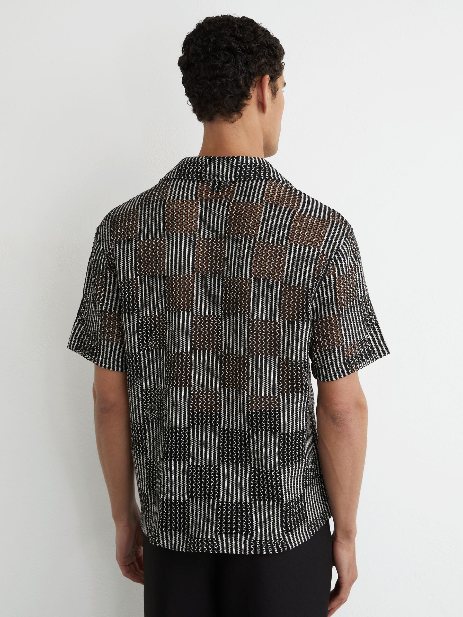 Checkerboard Crochet Cuban Collar Shirt in Black - Image 6 of 7