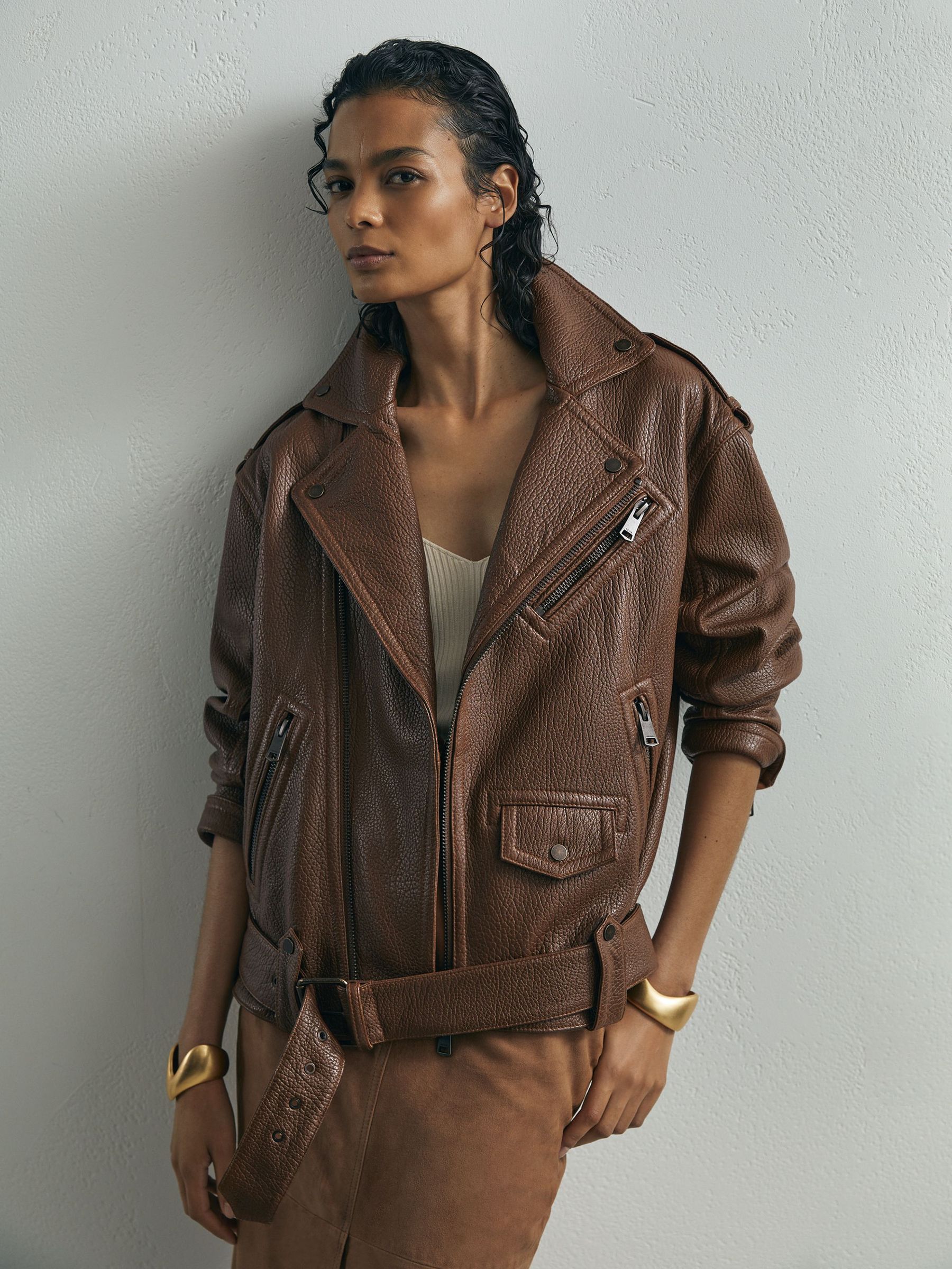 Atelier Grained-Leather Oversized Biker Jacket in Chestnut Brown - image 3