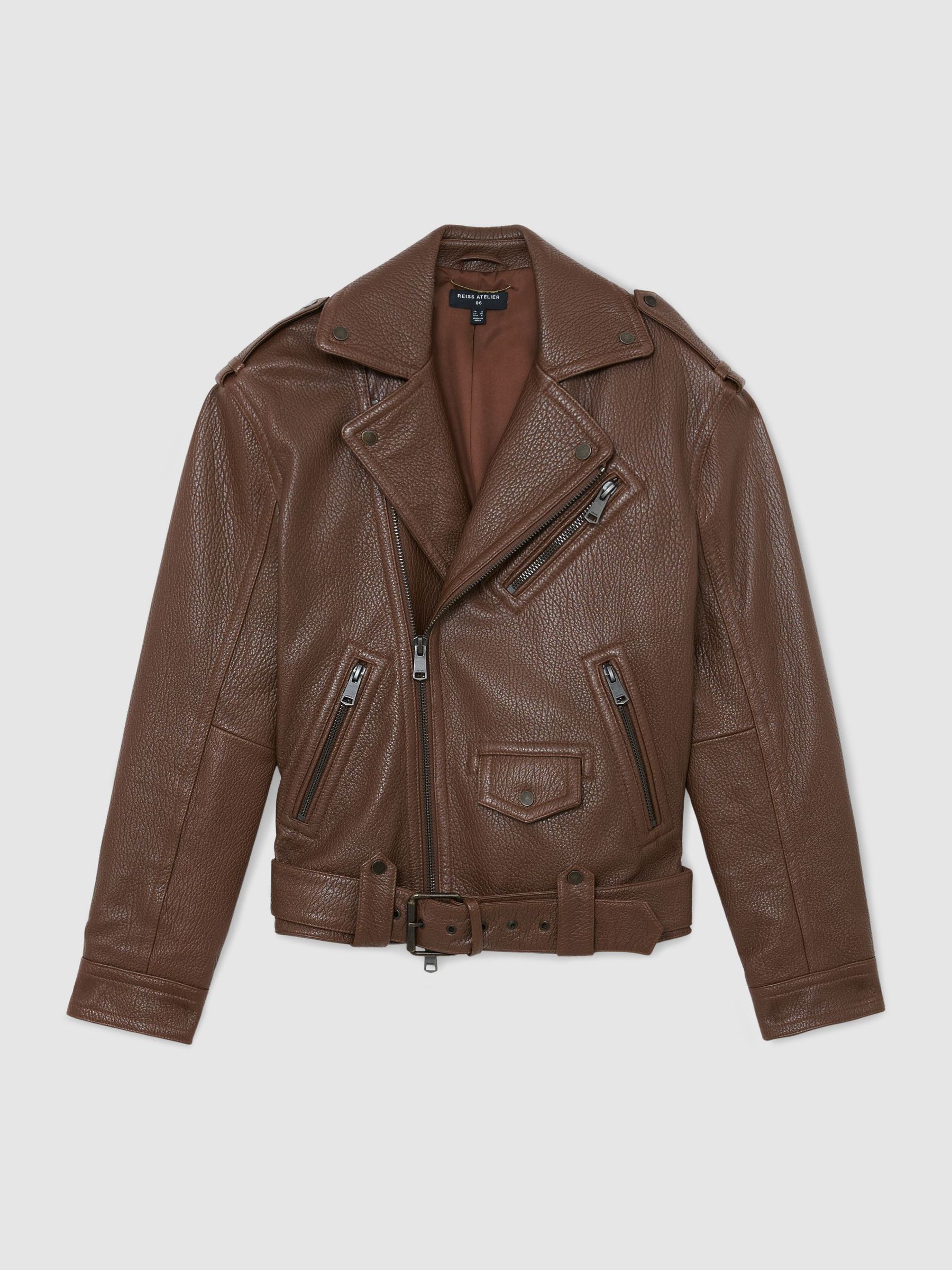 Atelier Grained-Leather Oversized Biker Jacket in Chestnut Brown - image 1