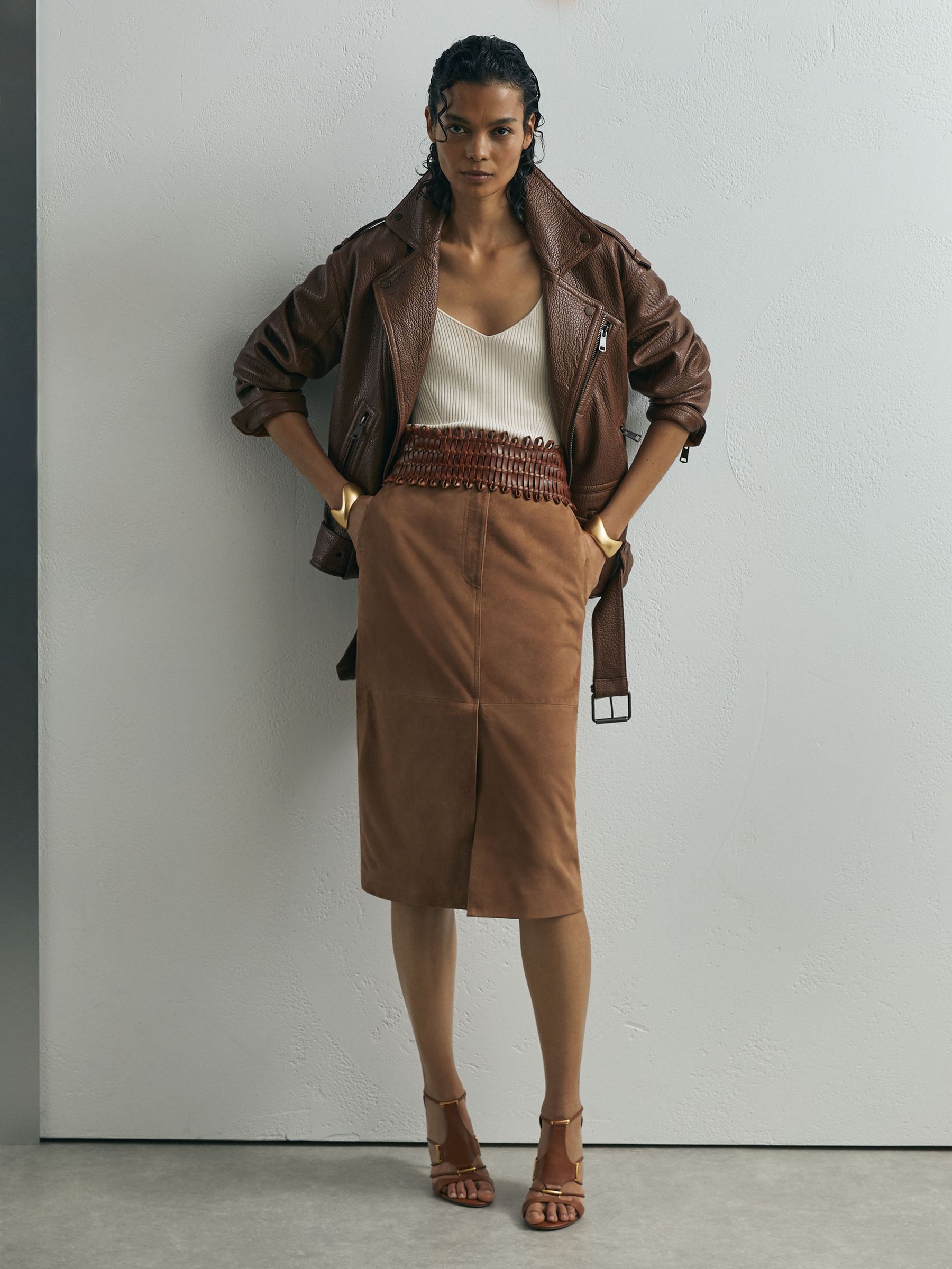 Atelier Grained-Leather Oversized Biker Jacket in Chestnut Brown - Image 3 of 8