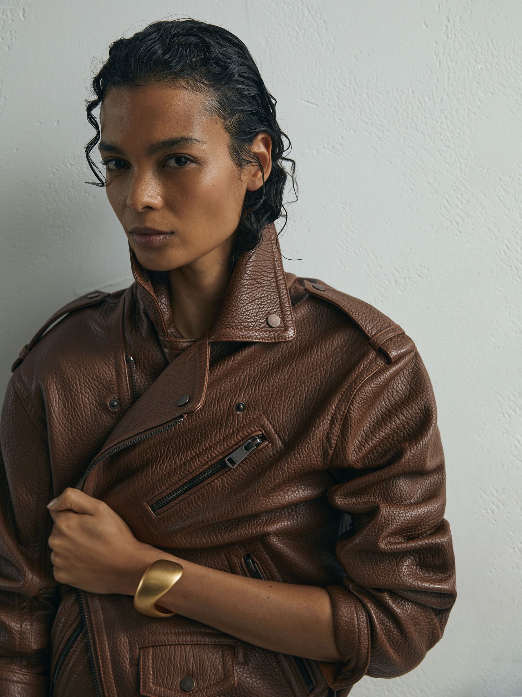 Atelier Grained-Leather Oversized Biker Jacket in Chestnut Brown - Image 4 of 8