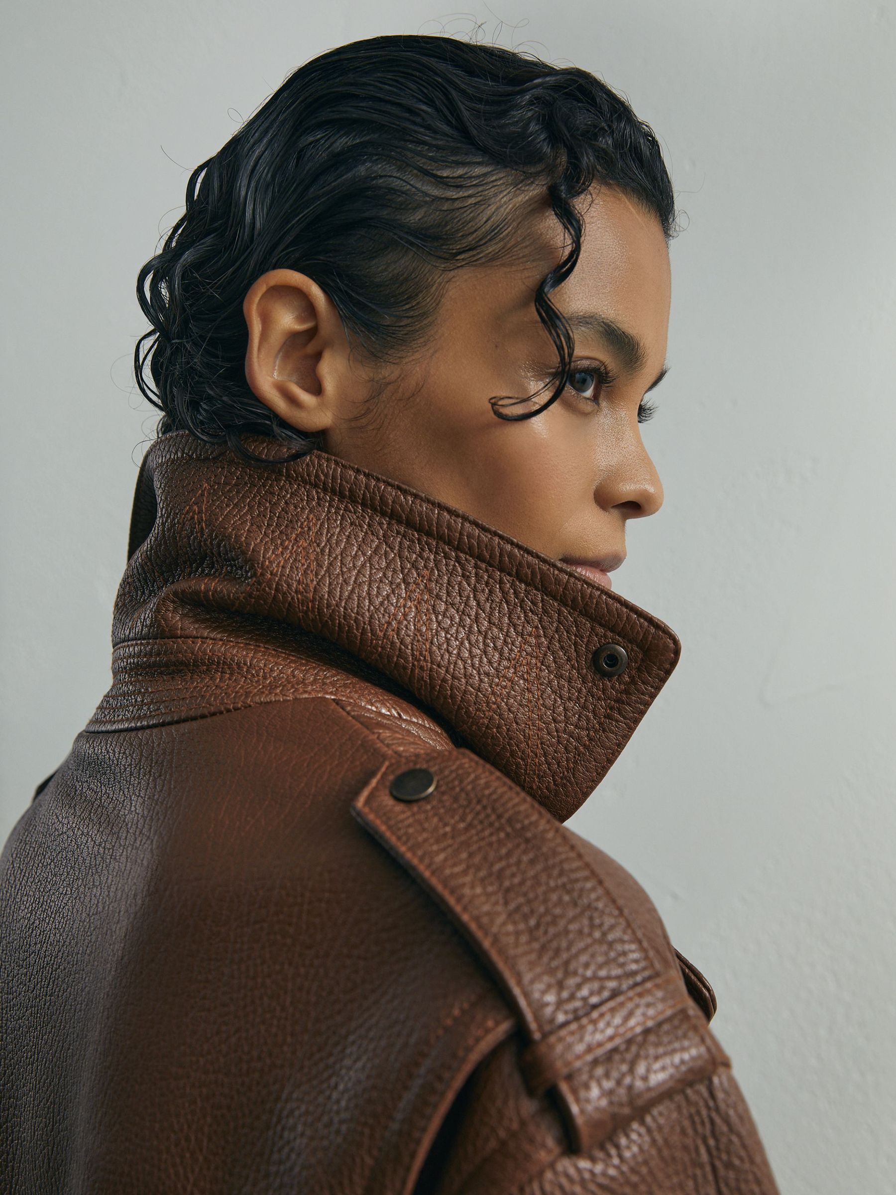 Atelier Grained-Leather Oversized Biker Jacket in Chestnut Brown - Image 5 of 8