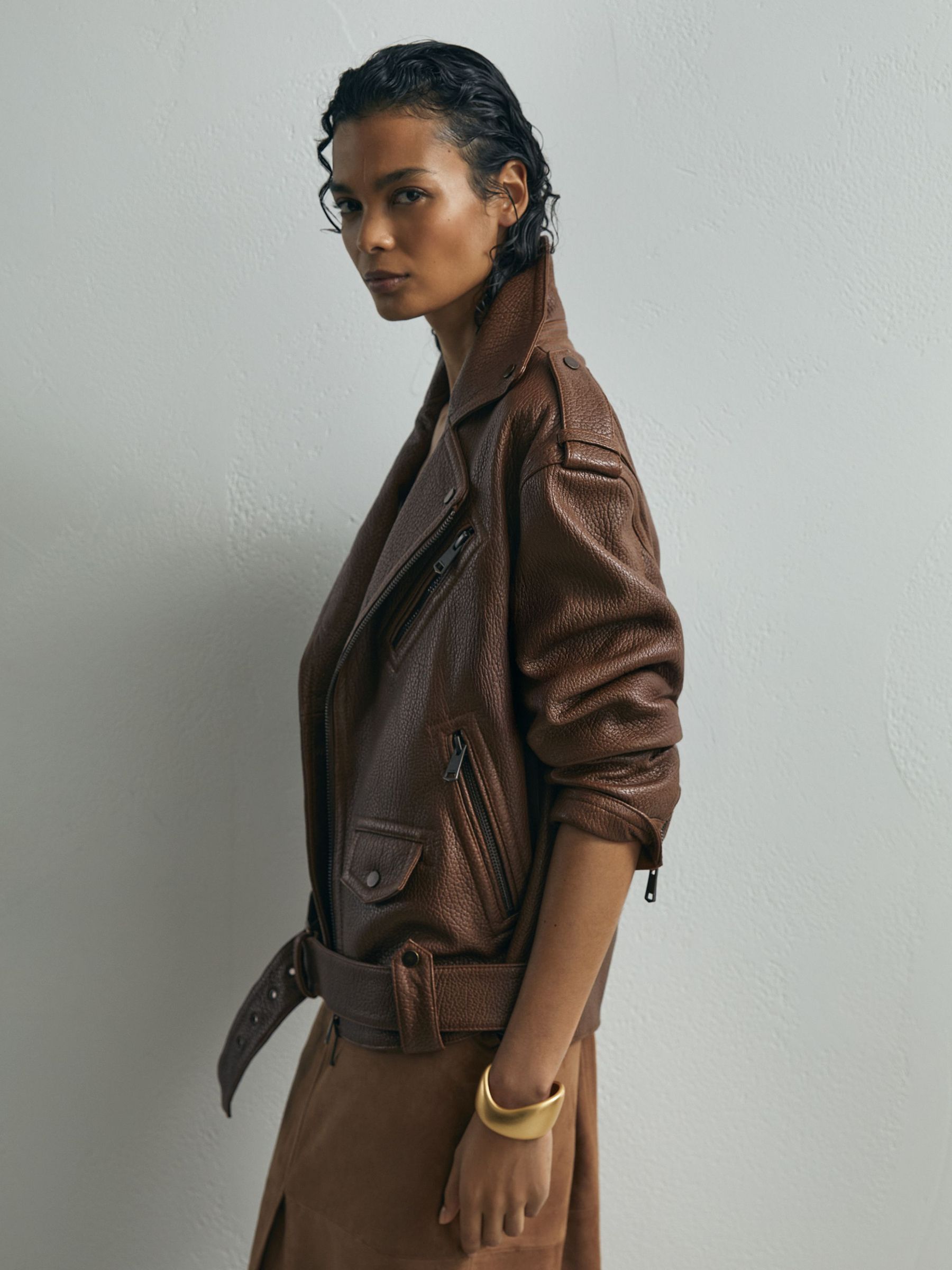 Atelier Grained-Leather Oversized Biker Jacket in Chestnut Brown - Image 6 of 8