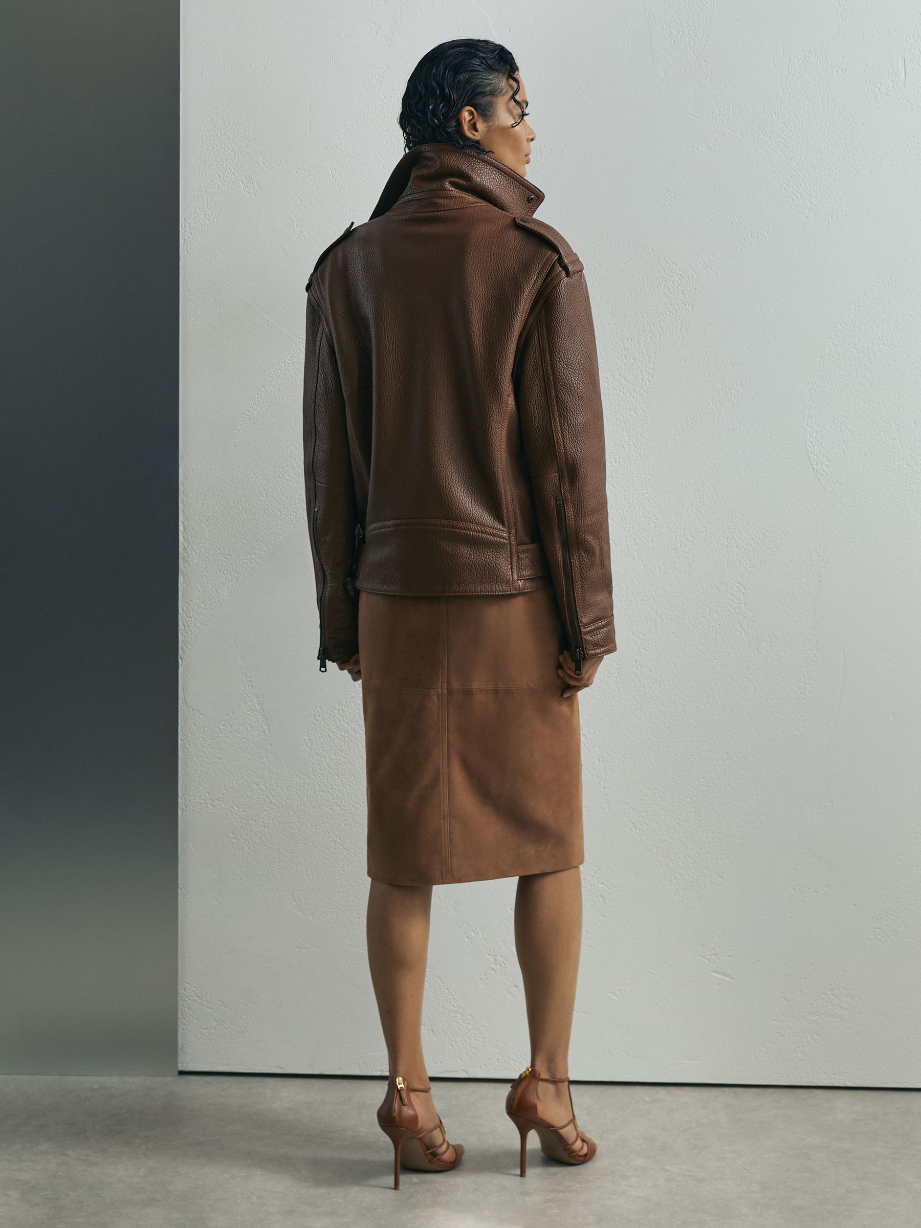 Atelier Grained-Leather Oversized Biker Jacket in Chestnut Brown - Image 7 of 8