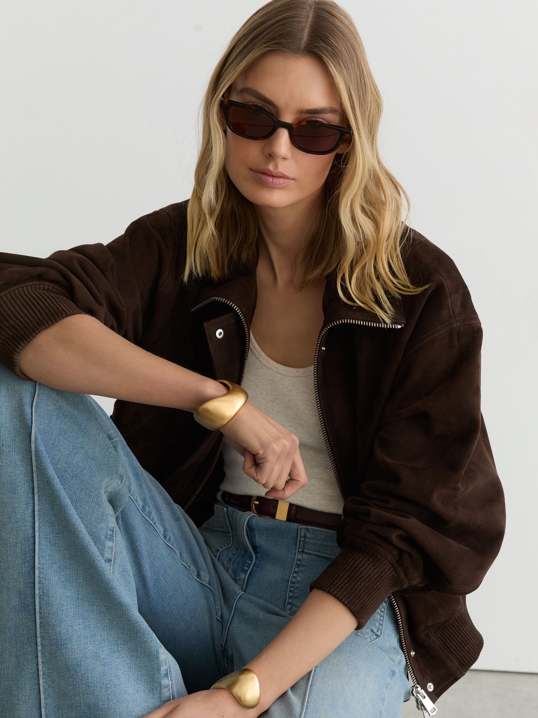 Suede Funnel-Neck Bomber Jacket in Chocolate Brown - Image 1 of 6