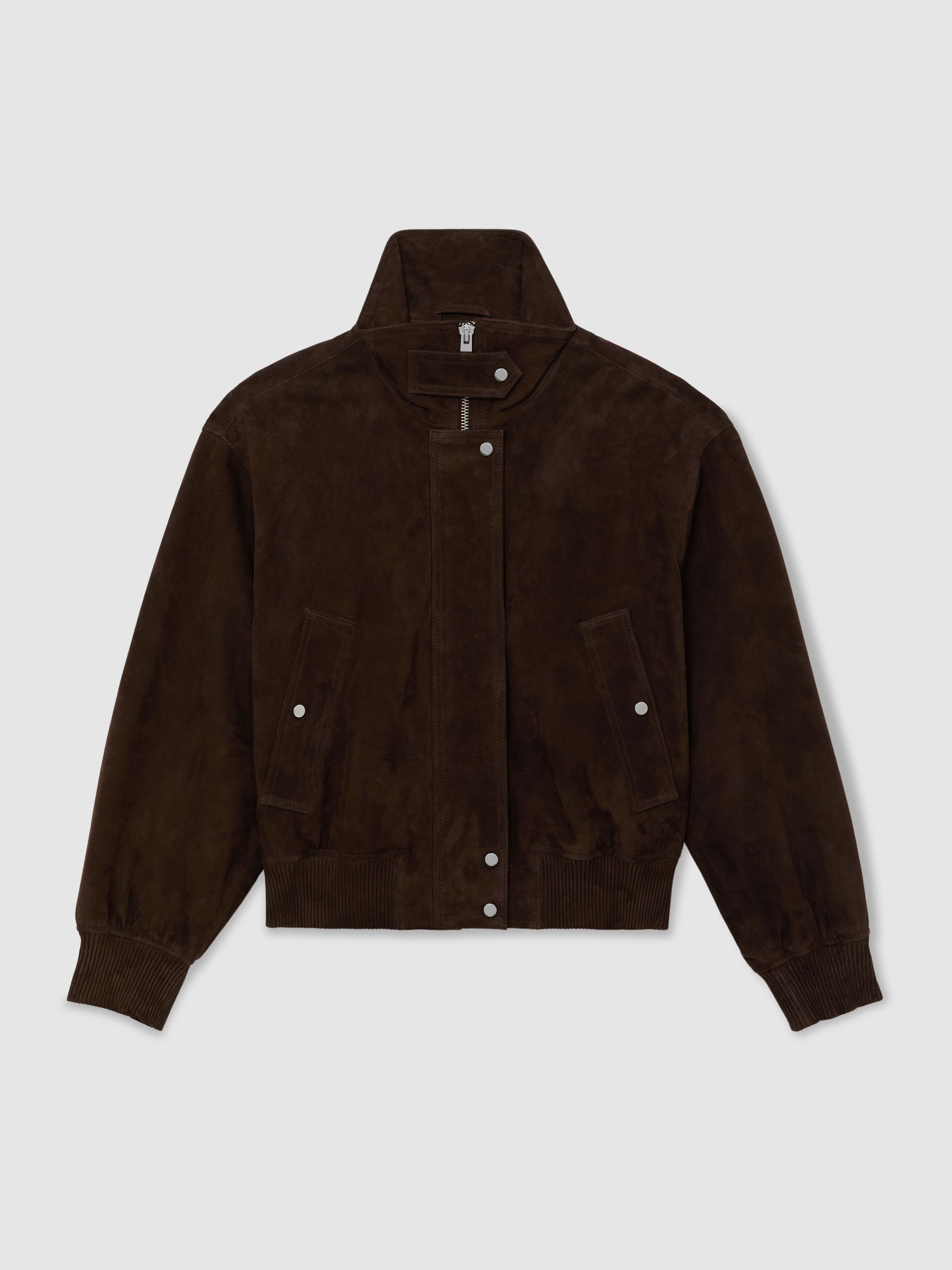 Suede Funnel-Neck Bomber Jacket in Chocolate Brown - Image 2 of 6