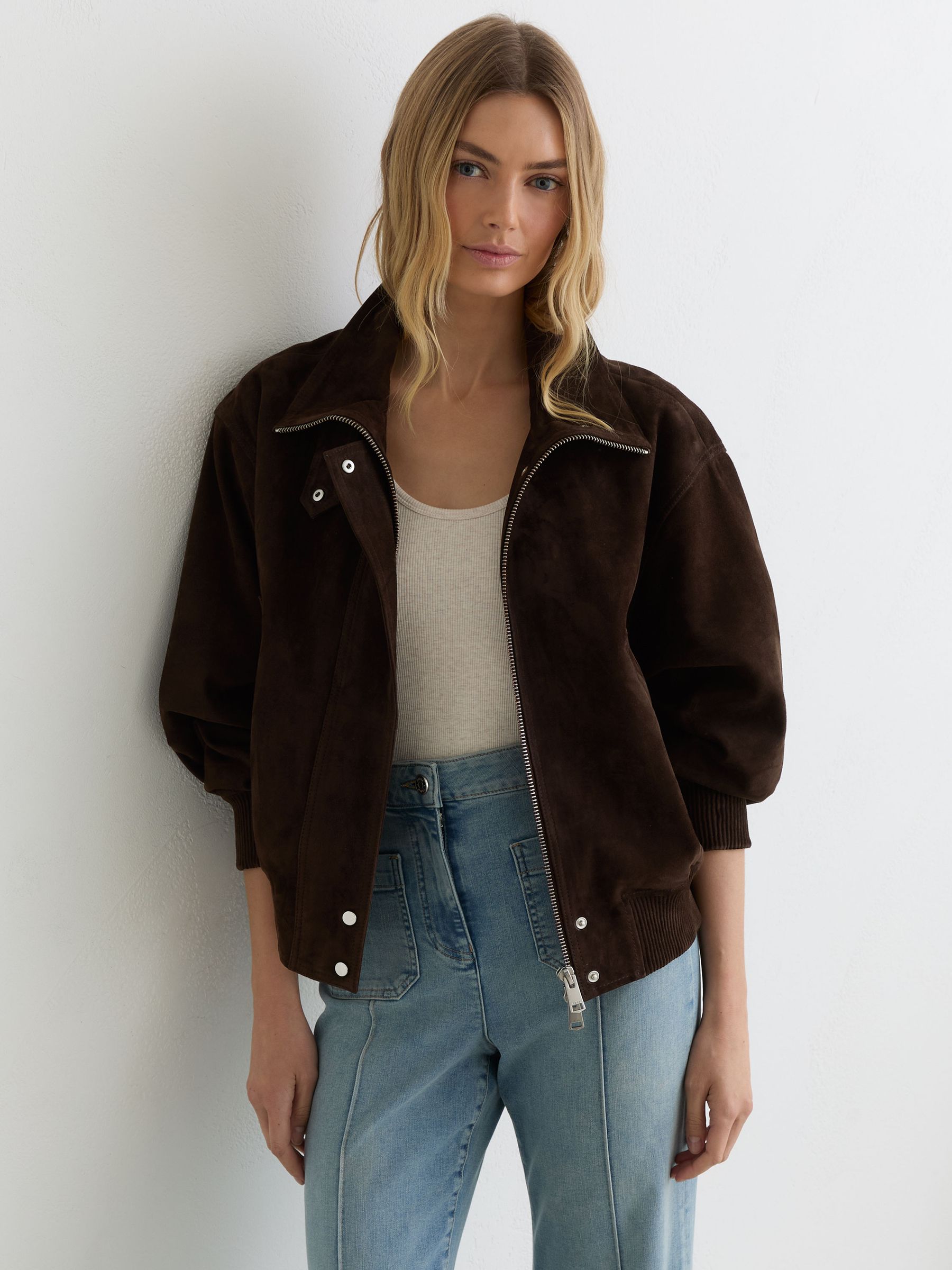 Suede Funnel-Neck Bomber Jacket in Chocolate Brown - image 4