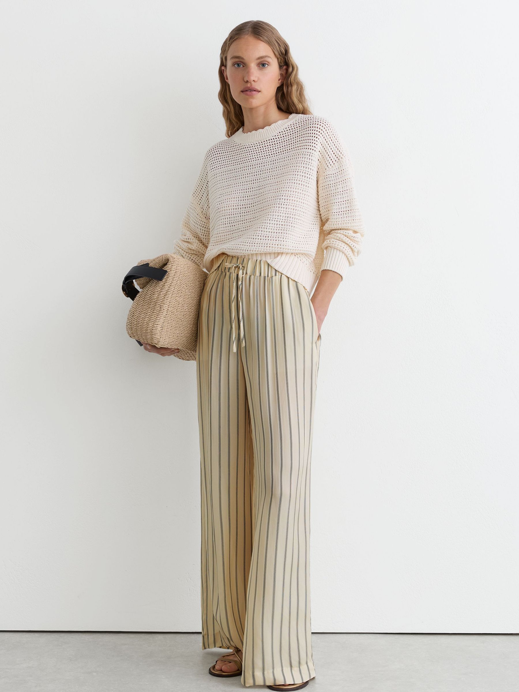 Linen Striped Wide-Leg Trousers in Neutral/Navy - Image 1 of 6